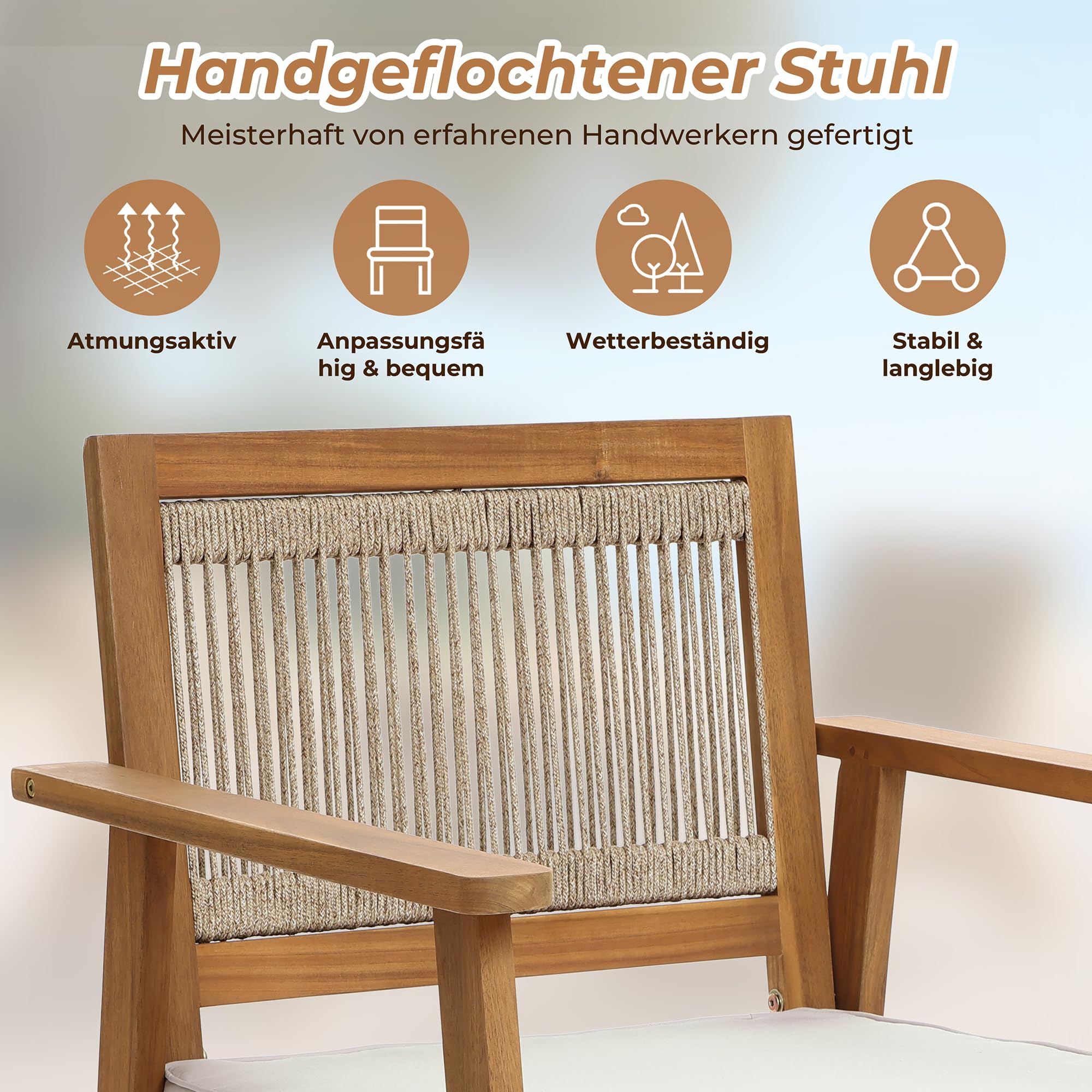 Hometopia Gartenstuhl Holz 2er Set mit Kissen Akazienholz, Outdoor Gartensessel mit Seilbespannung und Geflochtener Rückenlehne, Stabil bis 150kg für Balkon, Terrasse und Garten 64 x 64 x 75 cm