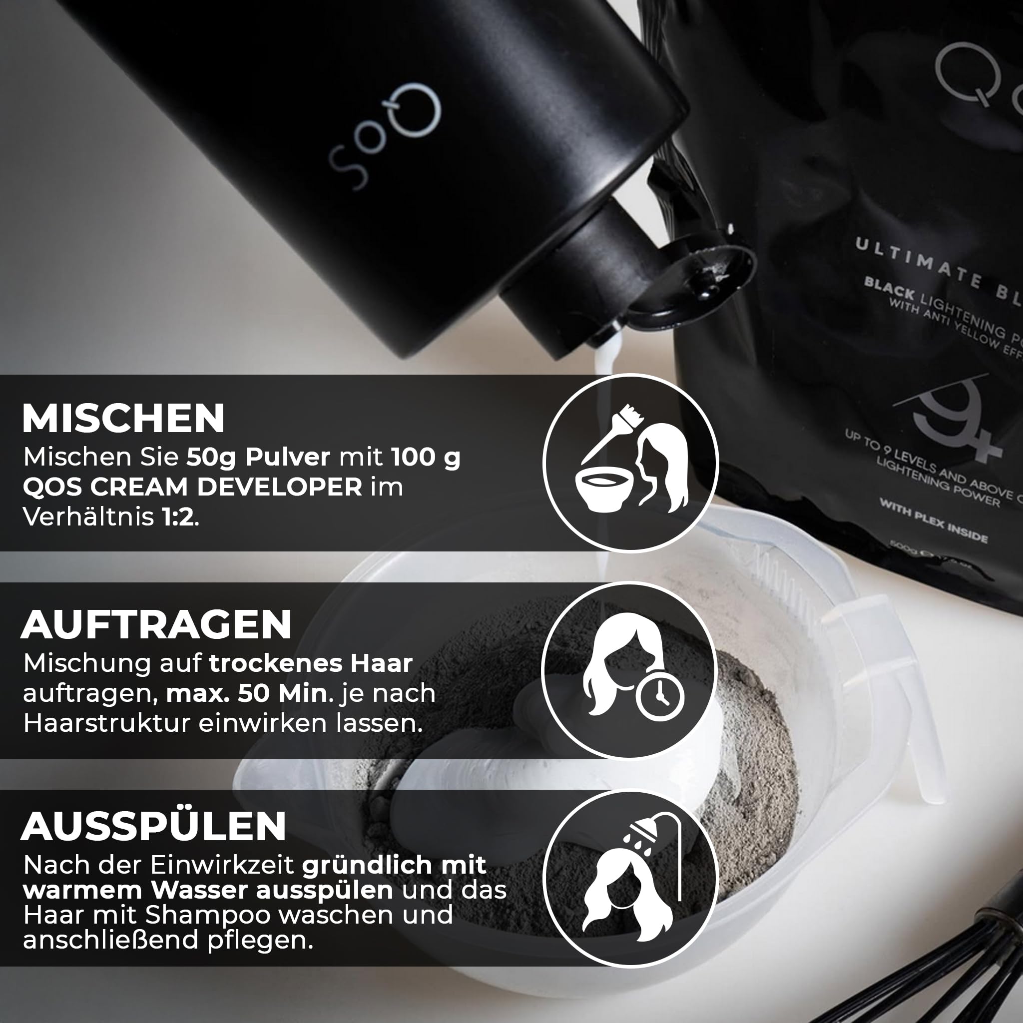 QOS Blondierset Black 9% (30 Vol), Blondierpulver 500g + Creme Entwickler 1000ml, Anti-Gelbstich, Plex/Bond-Support, Profi Haaraufhellung
