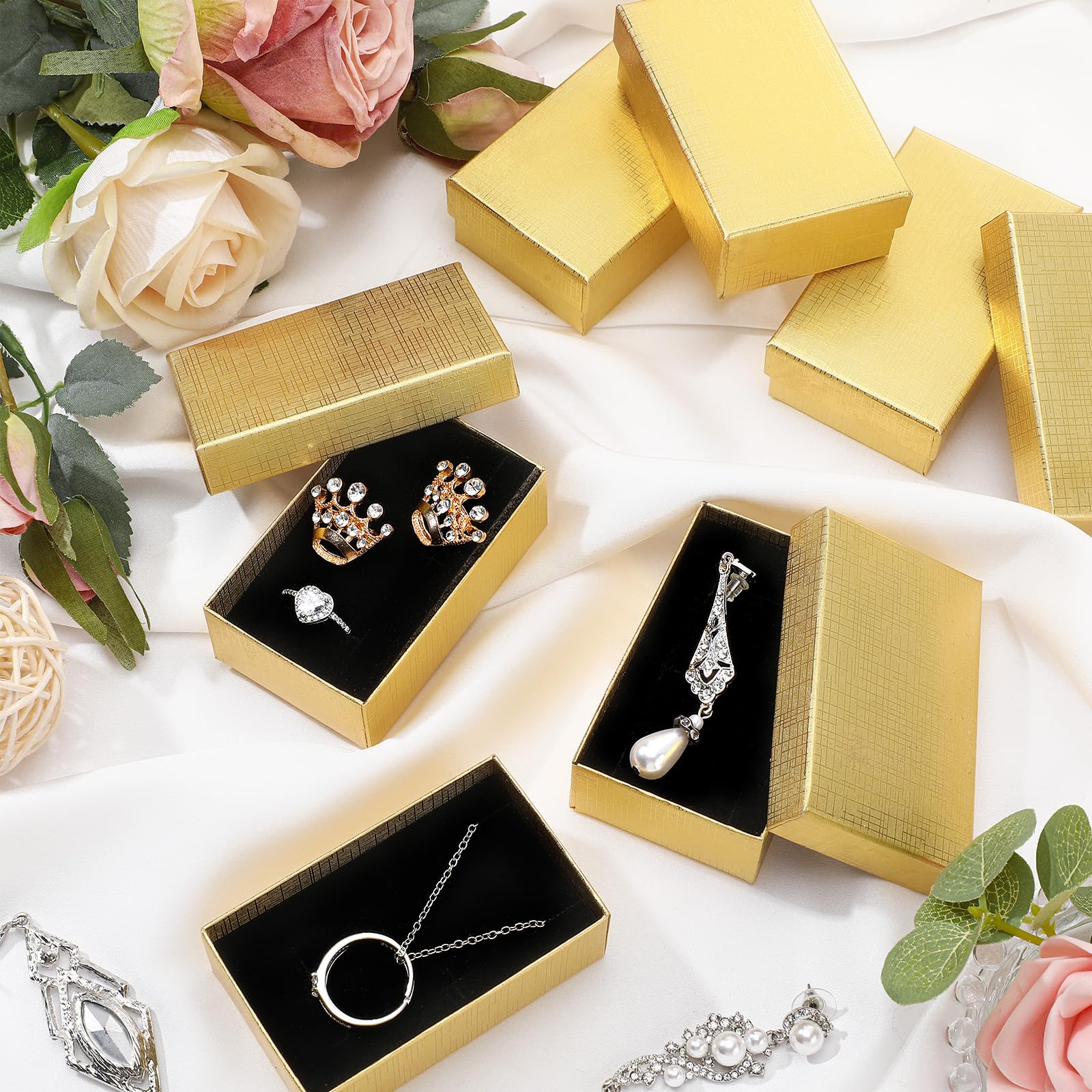 Tenceur 100 Stück Karton-Geschenkboxen zum Valentinstag, Großpackung, Papier-Schmuckschatullen für Halsketten, Ohrringe, Armbänder, Aufbewahrung, Verpackung, Display (Gold, 8,1 x 5,1 x 3 cm)