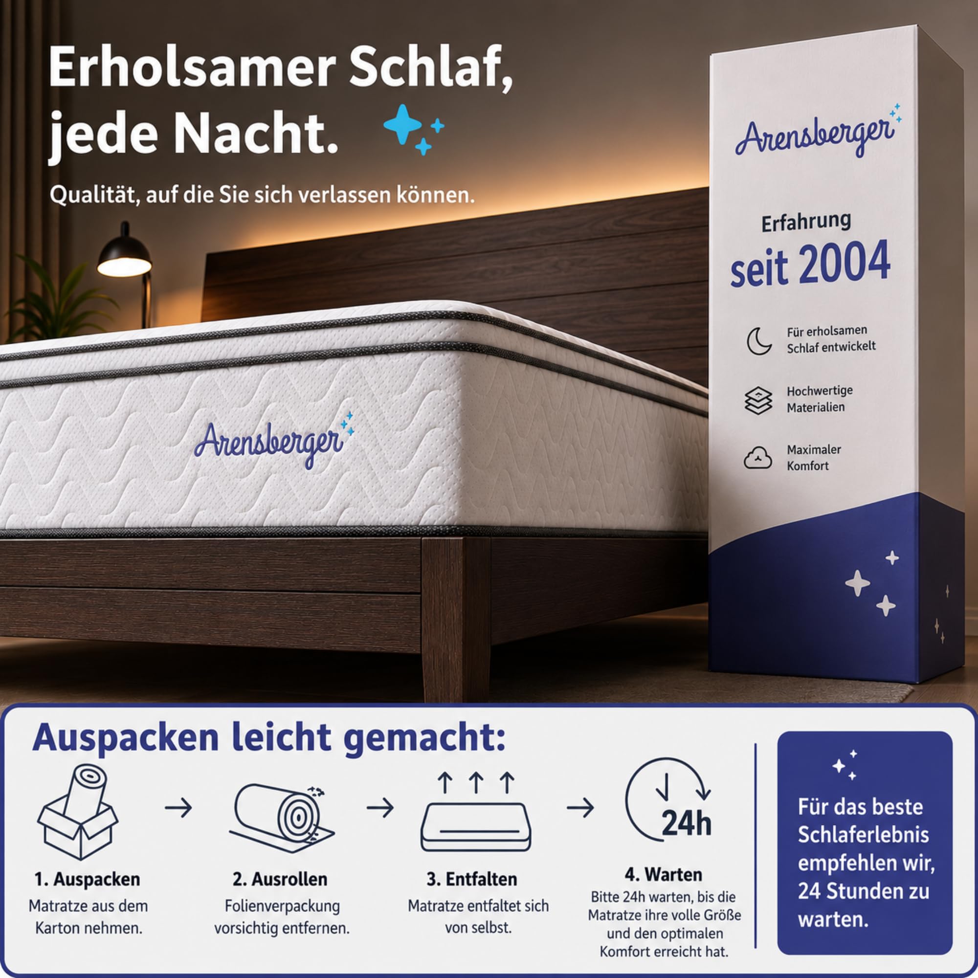 Arensberger Viktoria Matratze 100x200 cm | Taschenfederkernmatratze 25 cm mit 5 cm NANOCELL® Gelschaum | Härtegrad H2/H3/H4 | Federkernmatratze punktelastisch, Rollmatratze | Öko-Tex Zertifiziert