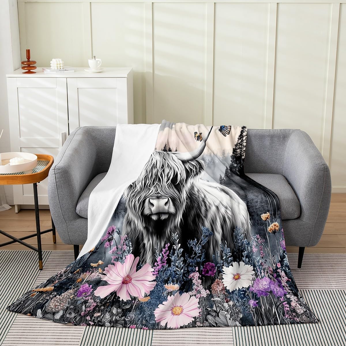 Erosebridal Highland Cow Flower Blanket 50x60 Bull Cattle Throw Blanket Western Funny Animal Fleece Flannel Wildlife Farmhouse Cow Mountain with