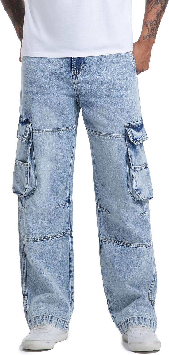 Men's Non-Stretch Loose Fit Wide-Leg Baggy Cargo Jeans Pants - Image 2