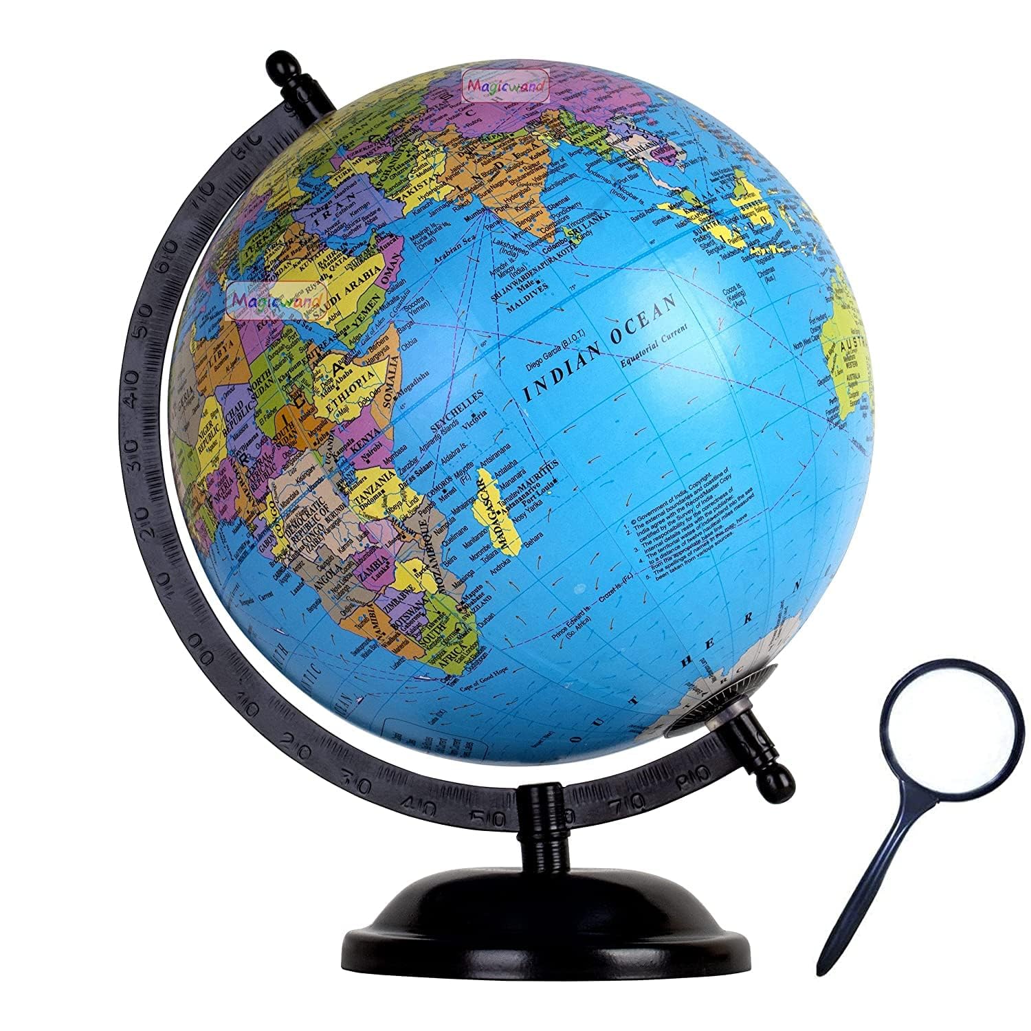 MagicwandMetal & Board Political Educational Laminated Rotating World Globe with Metal Base (8 inch Black with Magnifier)
