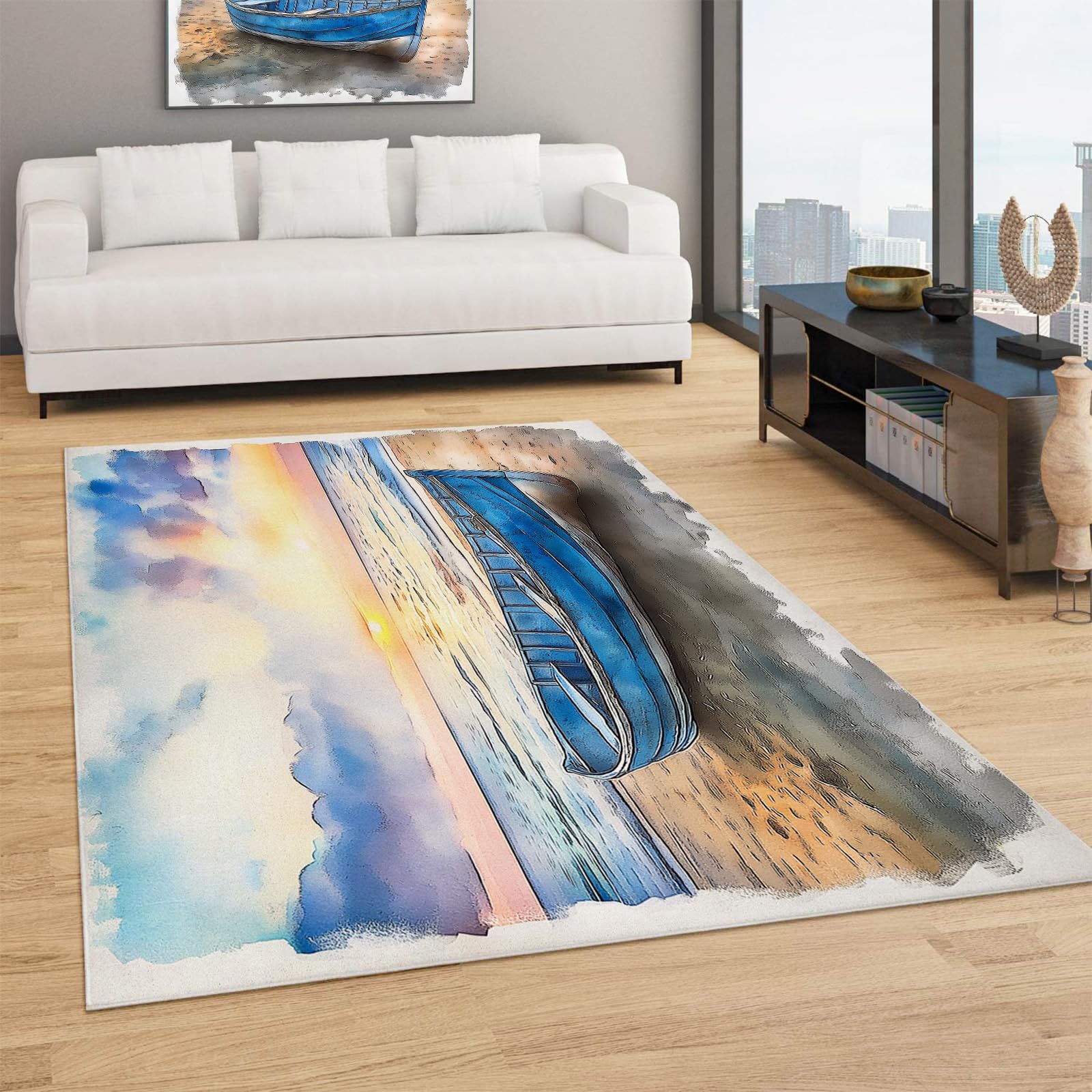 Tapis moderne vieille barque bleue grand tapis salon 200x300