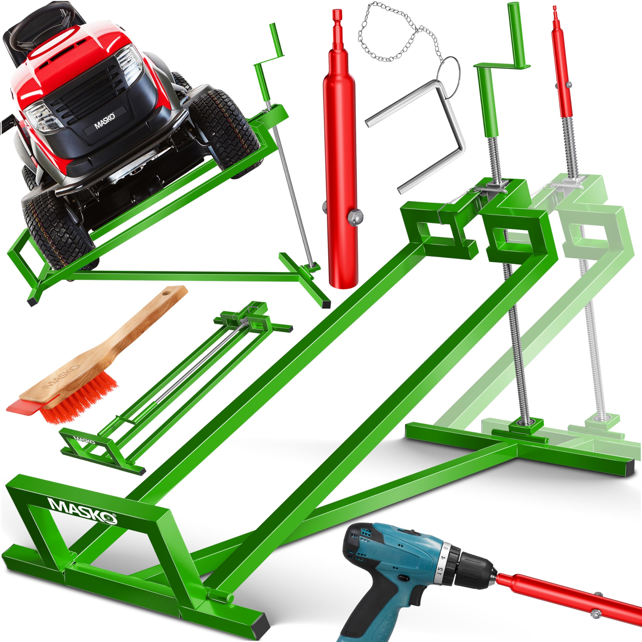 MASKO Elevador de tractor de césped XXL, 450 kg, dispositivo elevador, plataforma elevadora, herramienta de limpieza universal, elevación de tractor de césped, inclinación ajustable +45°, incluye