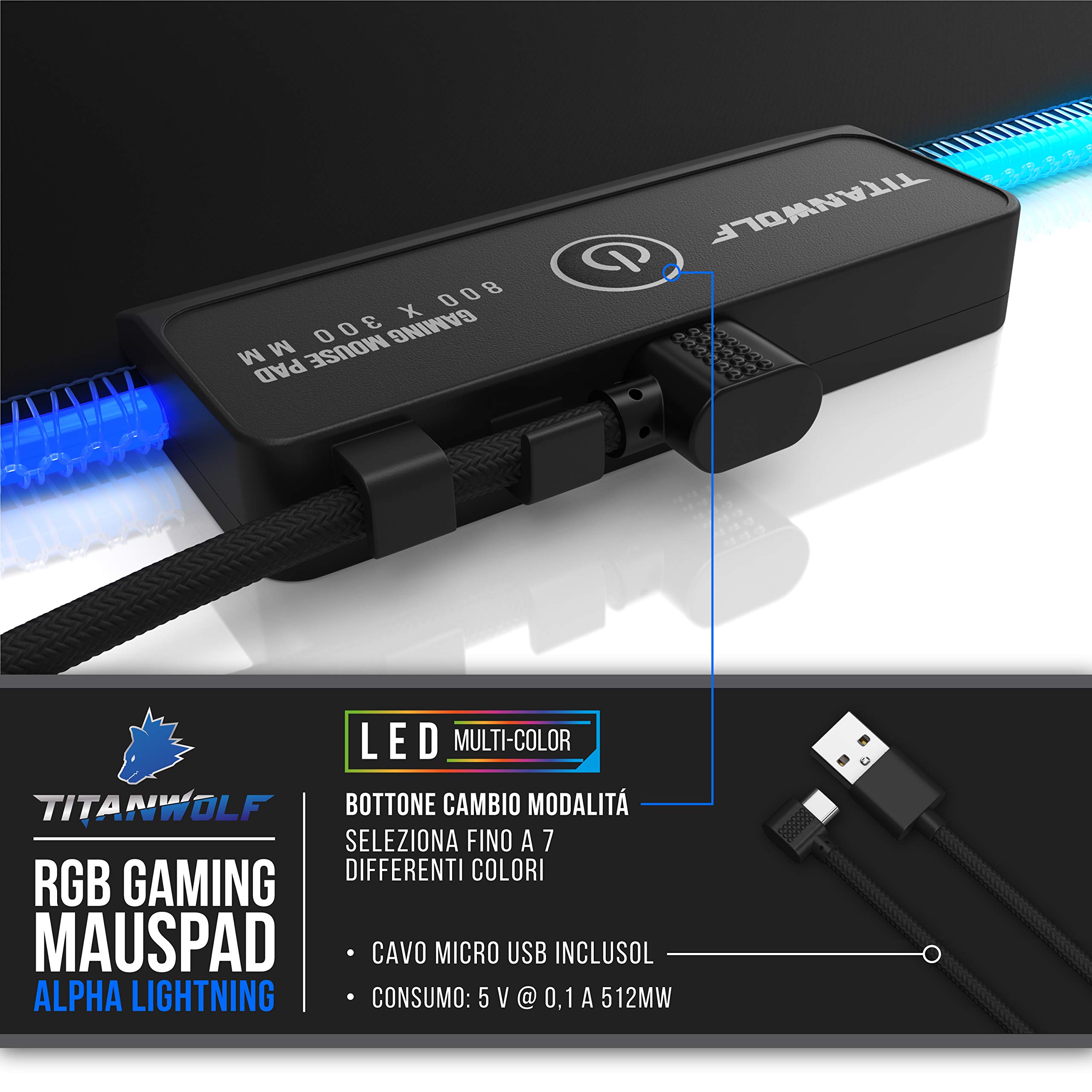 TITANWOLF - RGB Tappetino per Mouse da Gioco XXL - 800x300mm - 11 LED Colori e Effetti di Luce - Precisione e velocità - Lato Inferiore gommato - Lavabile