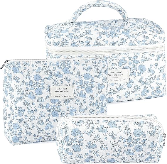 3Pcs Makeup Bag Quilted Cosmetic Bag Set Bow Travel Large Makeup Pouch for Women Cute Portable Cotton Toiletry Bag Skincare Organizer Coquette Vintage Travel Essential
