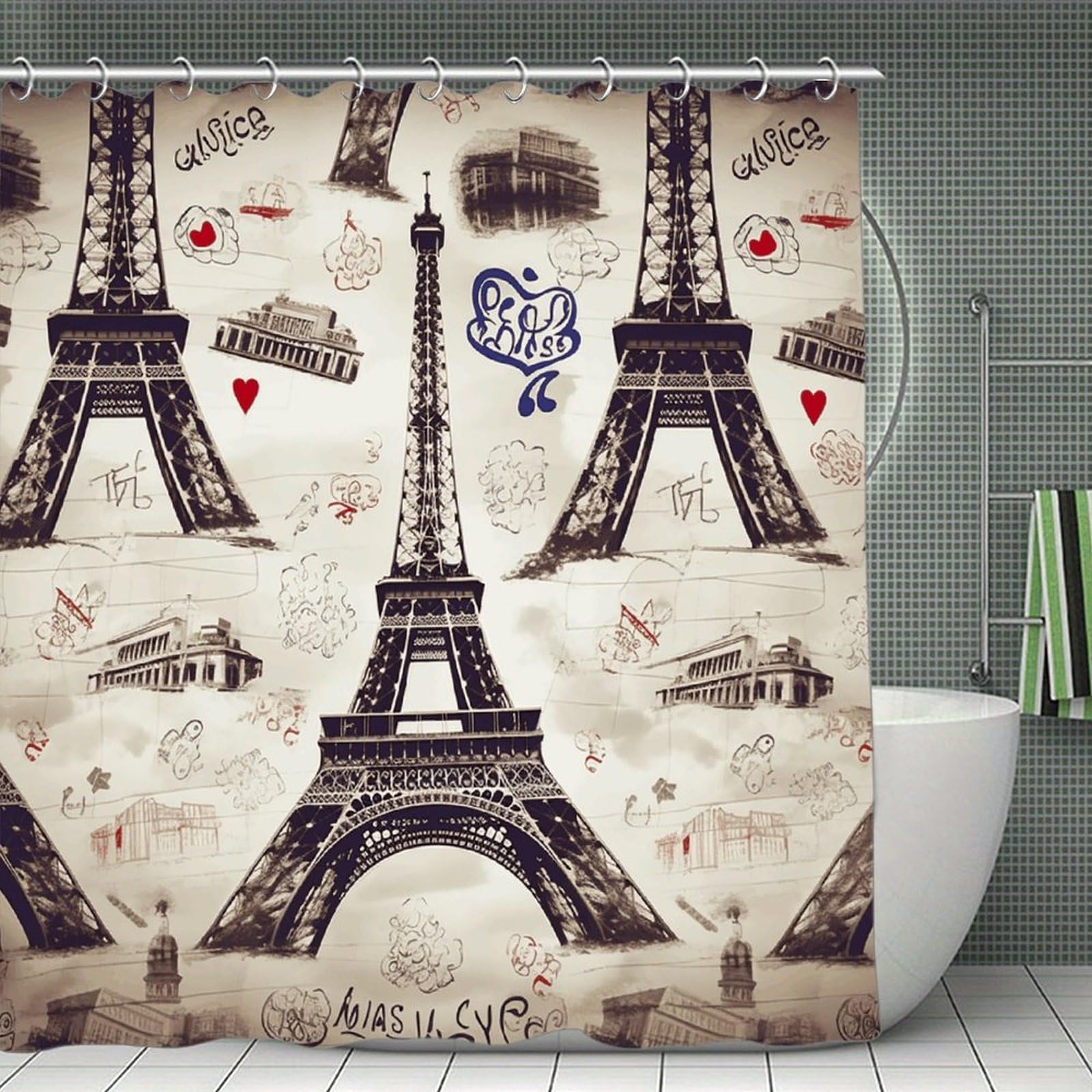 VstaDank French Paris Tour Eiffel Tower Shower Curtain Waterproof Bathroom Curtain with Hooks Luxury Weighted Bath Curtains for Bathtubs Showers Room Dividers Decorative Shower Curtains 71x71 in