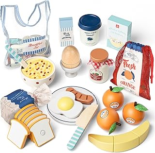 Lehoo Castle Montessori Educational Toy Breakfast Play Set for Children from 3 Years, Wooden Play Kitchen Accessories, Role Play Kitchen Set Children's Kitchen Accessories with Pancakes, Eggs, Toast