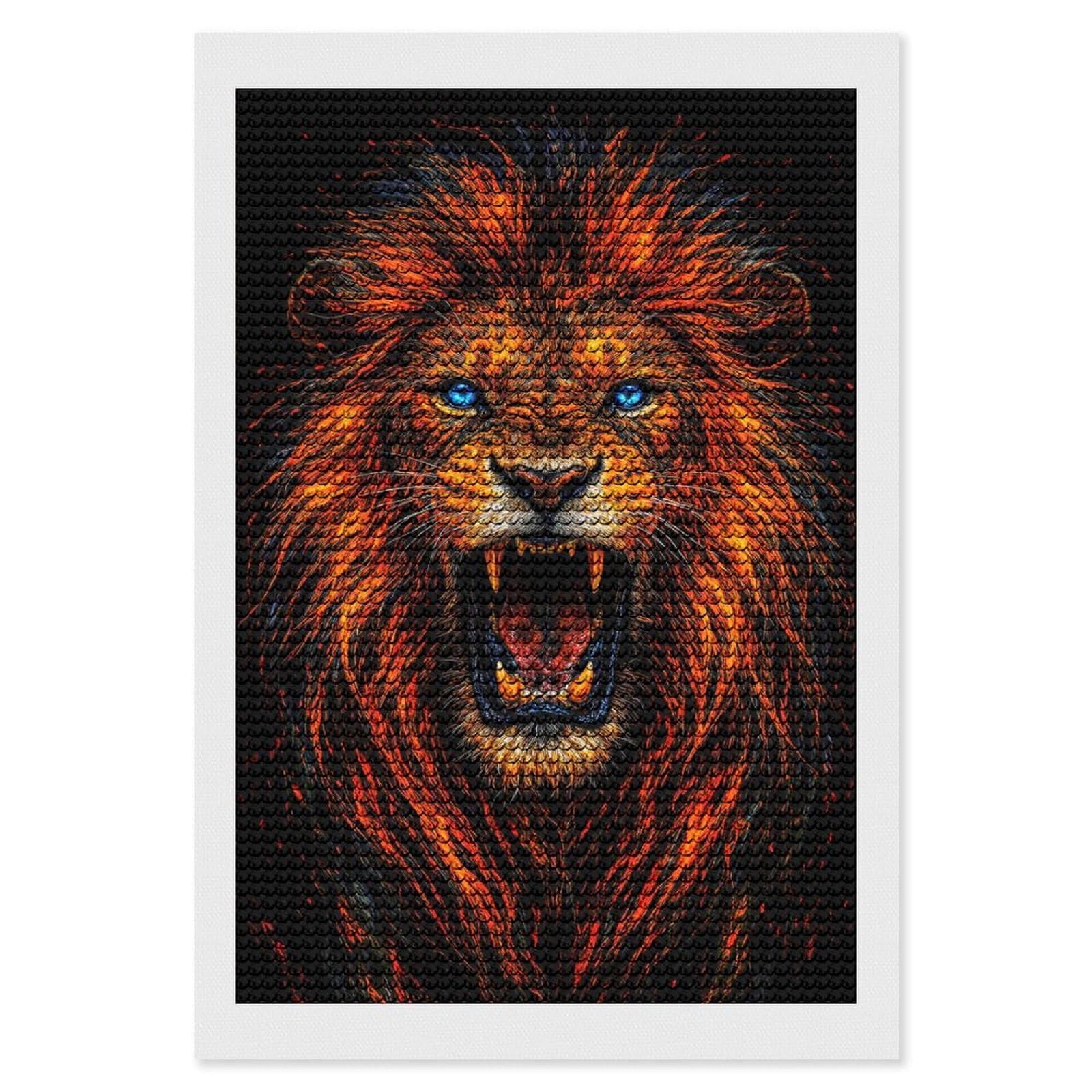 Junmoney Roaring Lion with Fiery Mane Diamond Painting Canvas Set 8"x12", for Adults, Decorate Your Room, Festive Craft Gift, Office Decor
