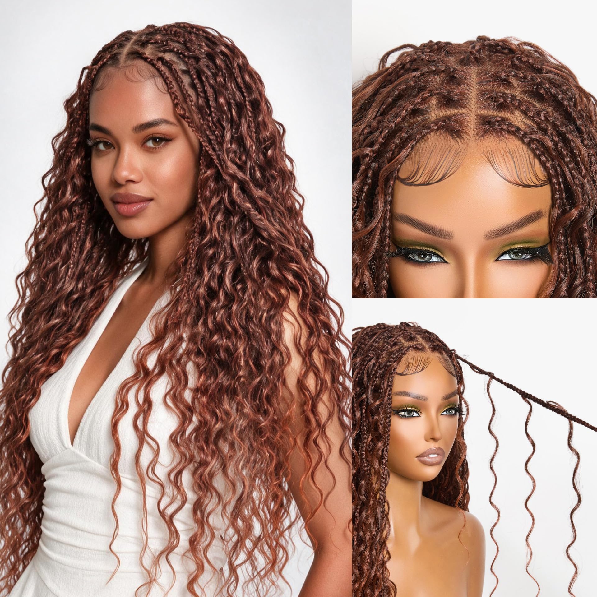 Frodio Braided Wig Veralux™ Fiber Full Lace Boho Curly Water Wave Synthetic Box Braided Wigs For Black Women Salon-Level 200% Density Bohemia Natural Scalp Pre-Cut Lace 30 Inches Dark Ginger Color