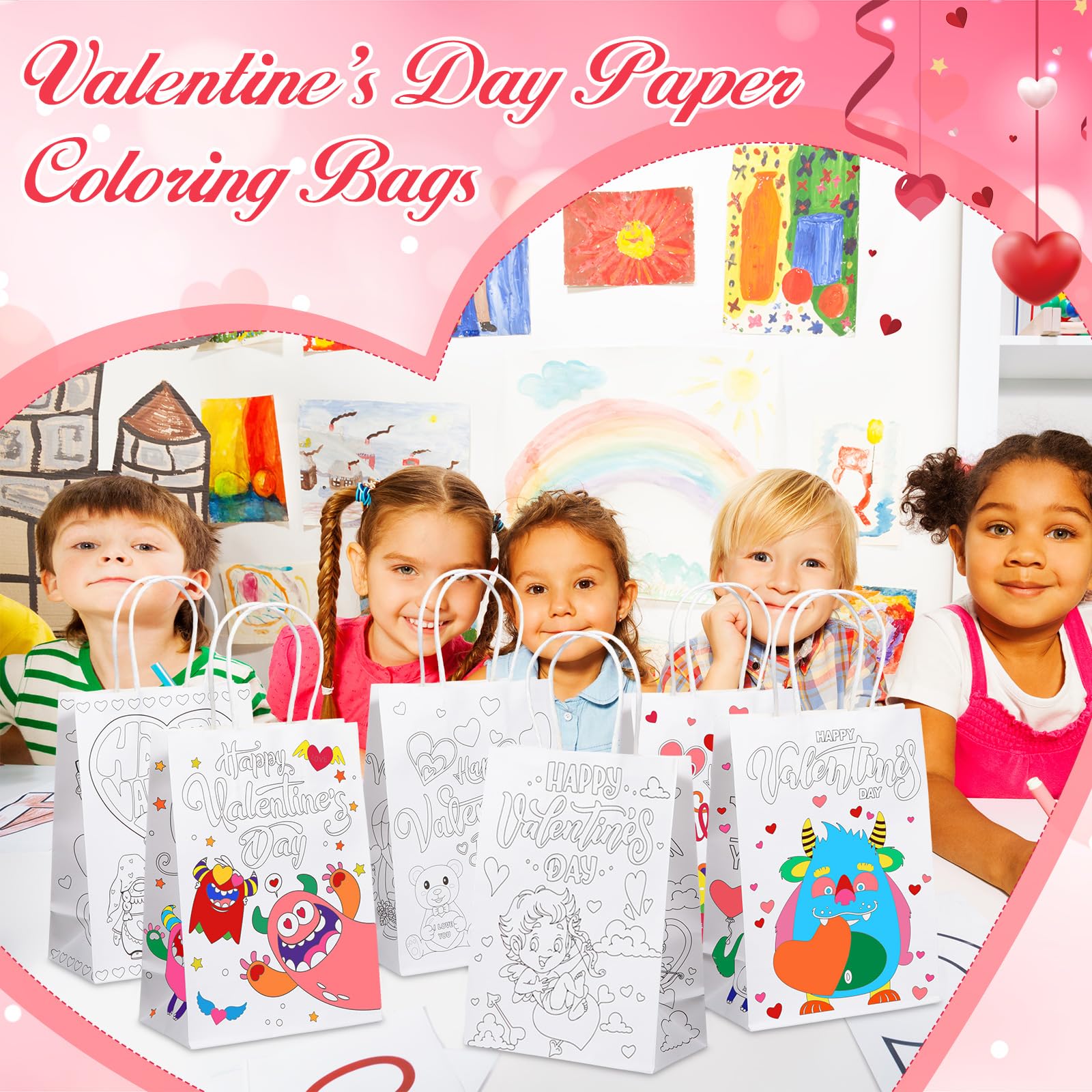 SilTriangle 100pcs Valentine's Day Paper Coloring Bags with Handle Color Your Own Valentines Bags Valentines Day Bags for Kids Classroom Valentines Gift Bag for Kid Party Favor Classroom Gift Exchange