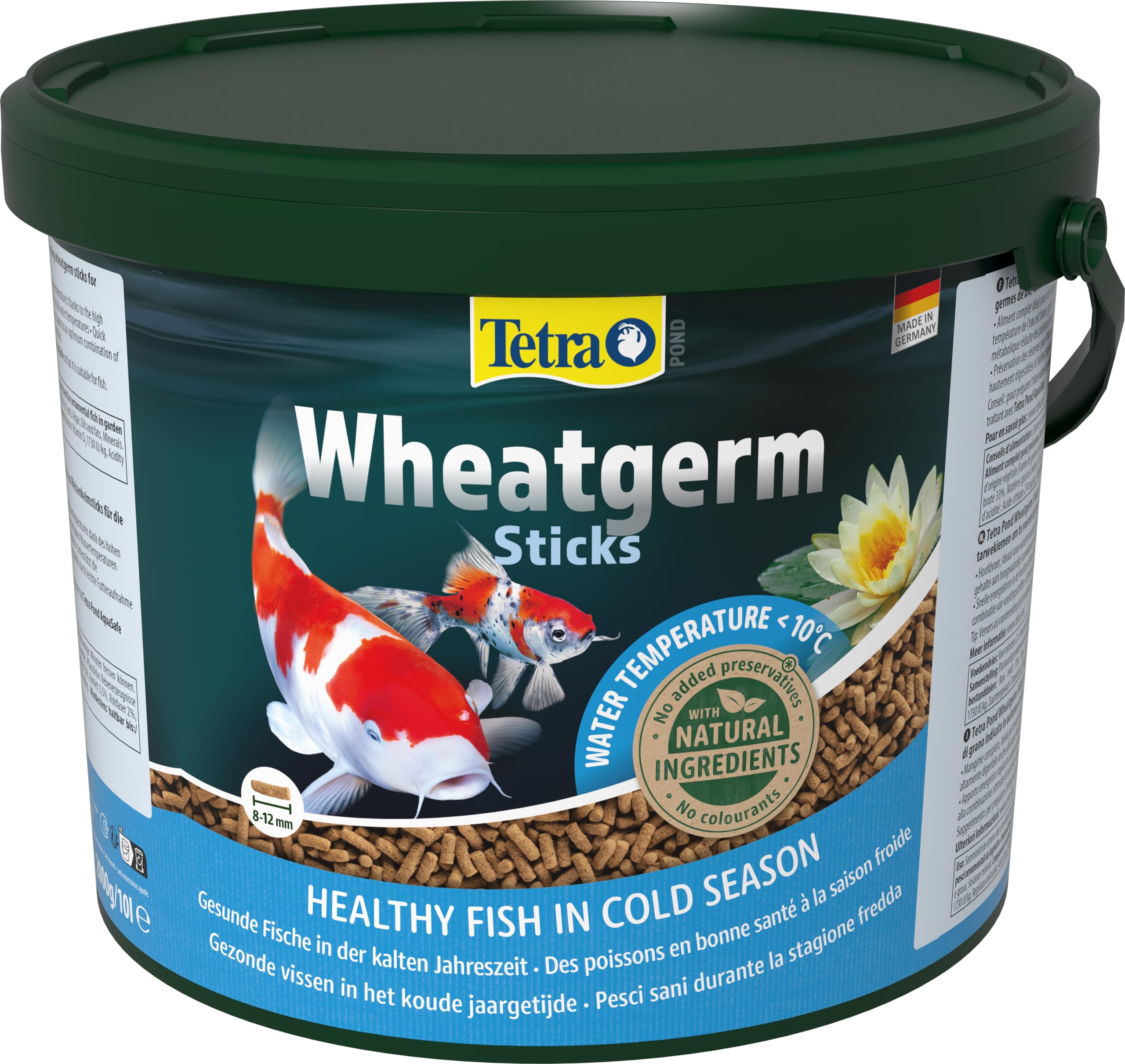 Tetra Pond Wheatgerm Sticks - Ballaststoffreiches Fischfutter für alle Teichfische, besonders geeignet bei kühlen Wassertemperaturen im Teich (Frühling / Herbst), 10 L Eimer