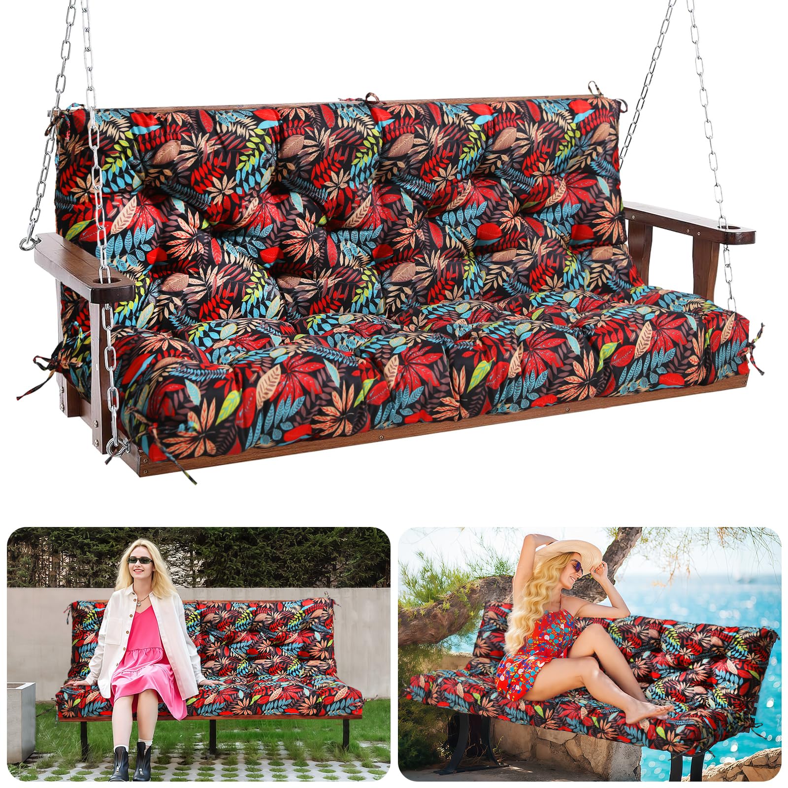 MQGHJ Garden Swing Cushions 100cm Outdoor Swing Cushions 2 Seater 12cm Thick Swing Seat Cushions Waterproof Garden Bench Cushions for Patio Porch Indoor(Red Leaves-100x100cm)