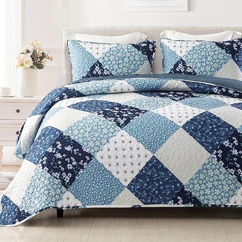Exclusivo Mezcla - Juegos de edredón reversibles de estilo bohemio de tamaño Queen, colcha azul ligera, juego de ropa de cama de patchwork para