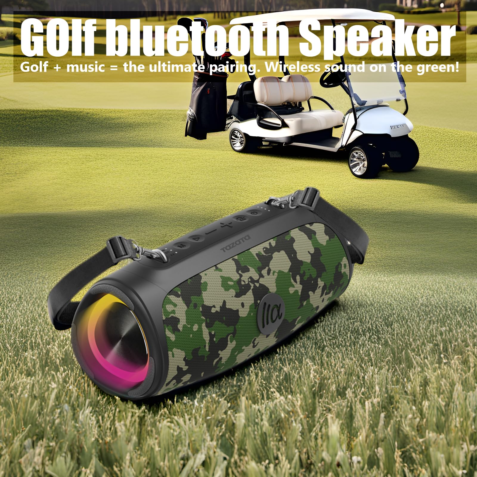 TAZATA - Altoparlante Bluetooth portatile da 60 W RMS, subwoofer da 90 W di picco alto, stereo wireless con suono HD, tempo di riproduzione 8H IPX7 impermeabile per feste in spiaggia (CAMO-60 W RMS/90