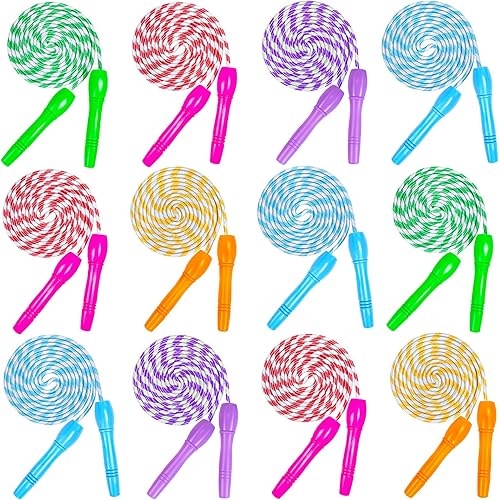 Paquete de 12 cuerdas de saltar para niños y adultos, recuerdos de fiesta, coloridas cuerdas de saltar para niños de 3 a 8 a 12 años, cuerda de