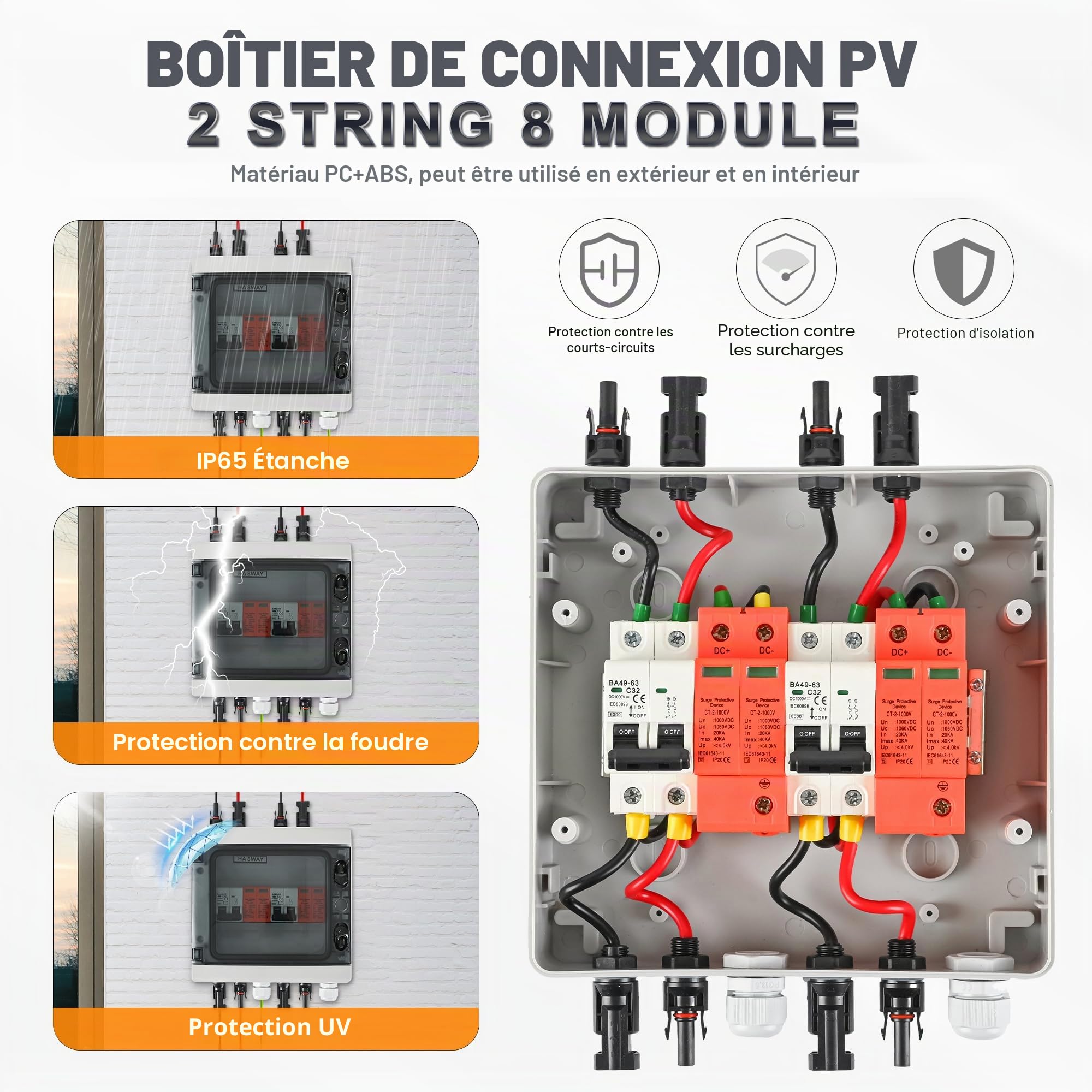 Warmfay Boîte de jonction solaire PV DC1000V - Disjoncteur 32A CC - Système PV - 2 cordes - Étanche IP65 - UV Résistant - 2 en 2 Sorties