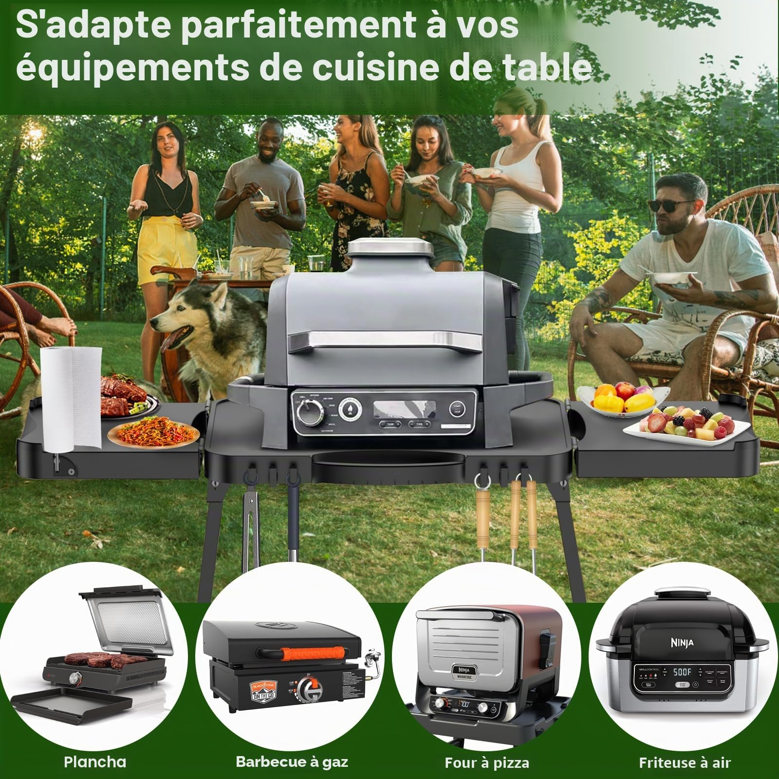 GFTIME Chariot de barbecue portable universel pour Enders Urban, Weber Q100 Q200 Q300 Series, Ninja Woodfire Grill, Burnhard Wayne, support de barbecue universel, pliable pour l'extérieur