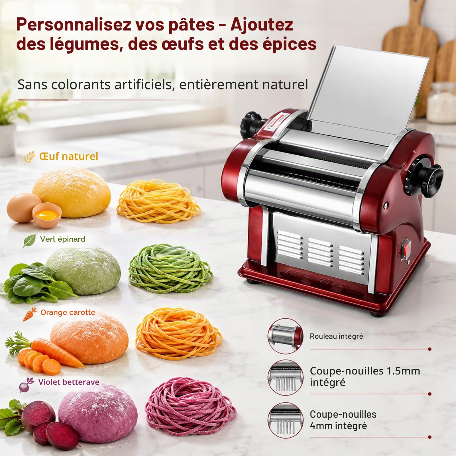 Machine à Pâtes Électrique avec Rouleau à Pâtes et Double Lame en Acier Inoxydable, Fabrication de Nouilles Fraîches à la Maison, 1.5mm (Rond) & 4mm (Plat), Pour Usage Domestique et Commercial