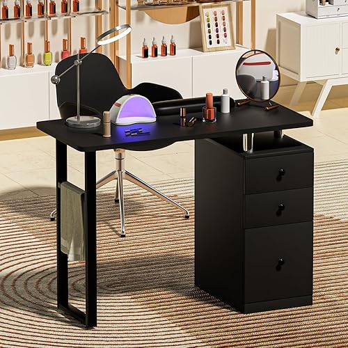 Miniatura 2 de ABTSalon Nail Tech - Estación de mesa de uñas resistente a acetona para escritorio de tecnología de uñas con cajones (negro)