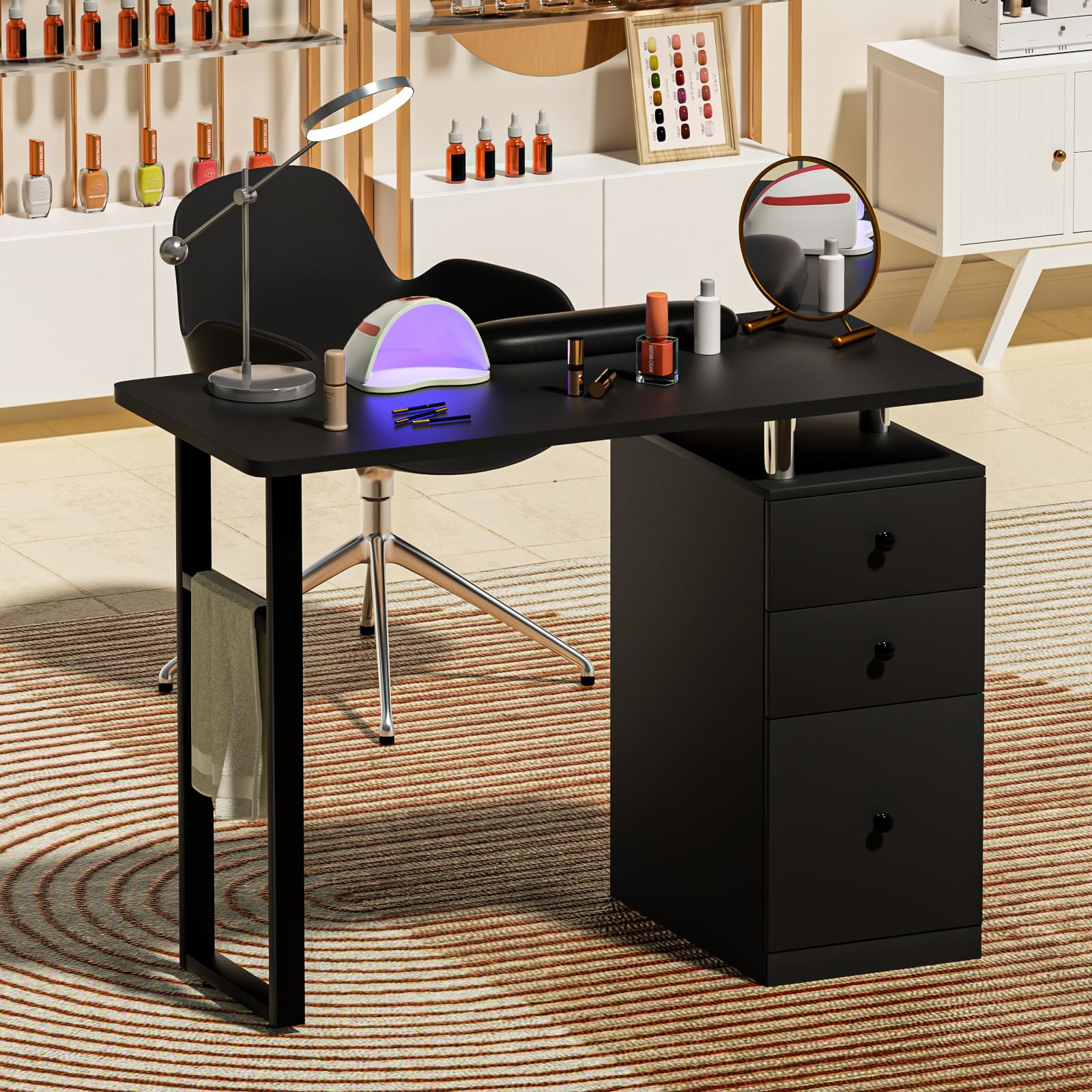 Nail Tech Desk Nail Table Station Acetone Resistant Nail Table for Nail Tech Desk with Drawers (Black)