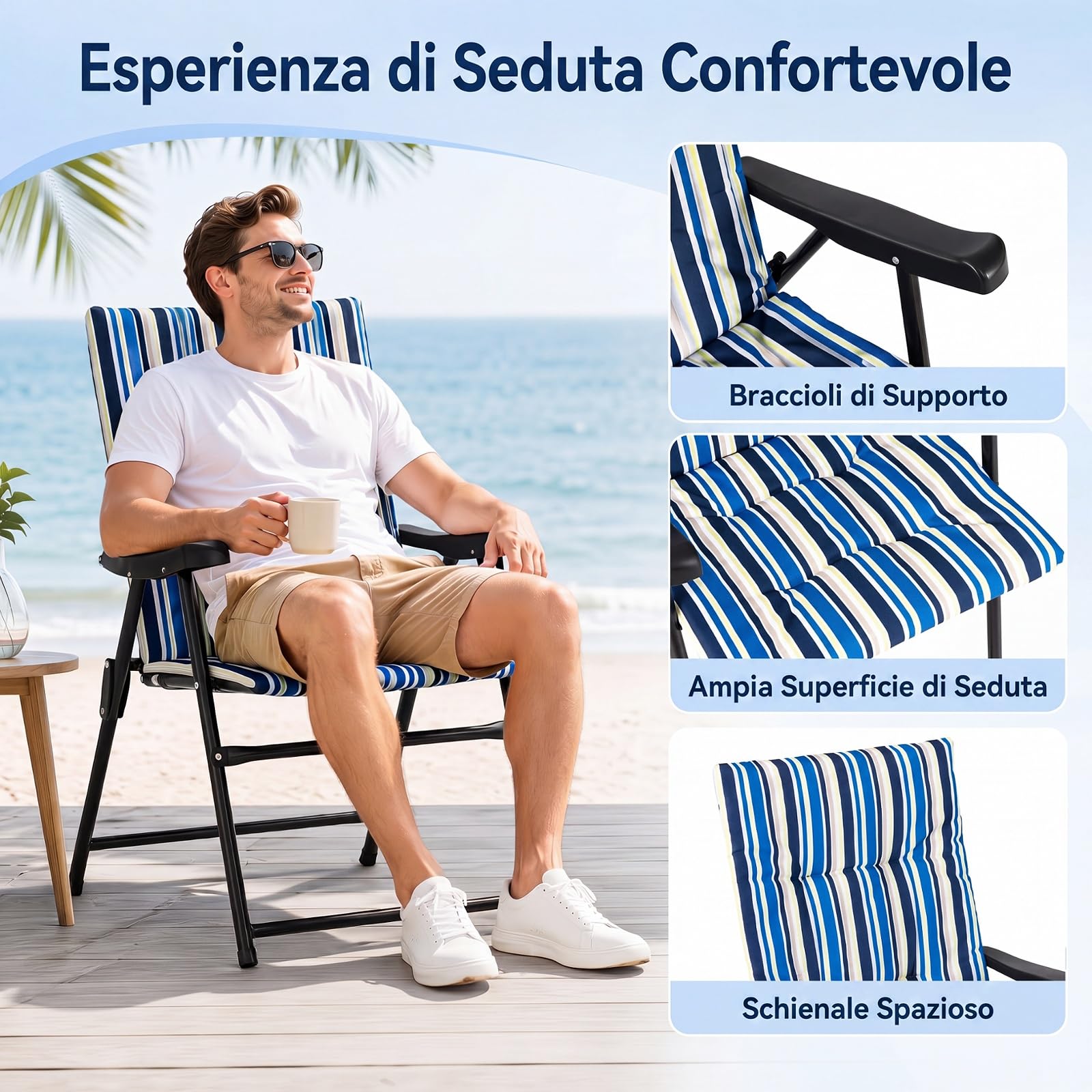 COSTWAY Set di 2 Sedie da Campeggio Pieghevoli, Sedie da Spiaggia Portatili | con Braccioli, Cuscino Morbido e Schienale Alto, Portata 150 kg, Sgabelli Imbottiti da Esterno per Giardino e Terrazza