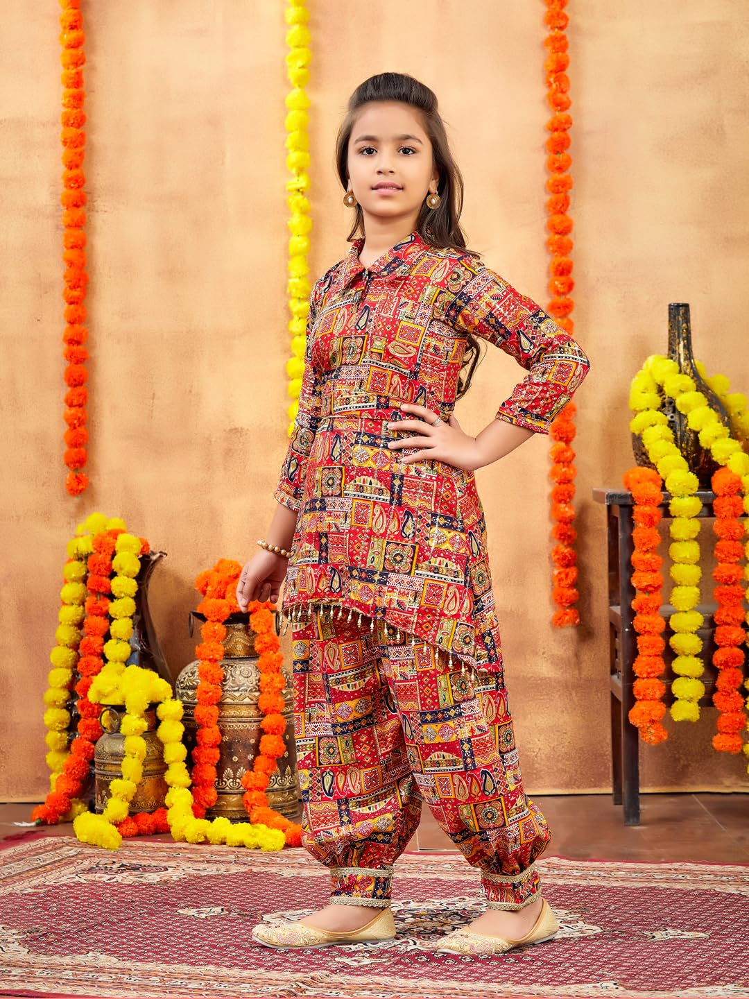 Aarika Girls Ethnic Wear Red Colour Abstract Printed Cotton Kurti Patiala Set With Belt (4-10 Years)