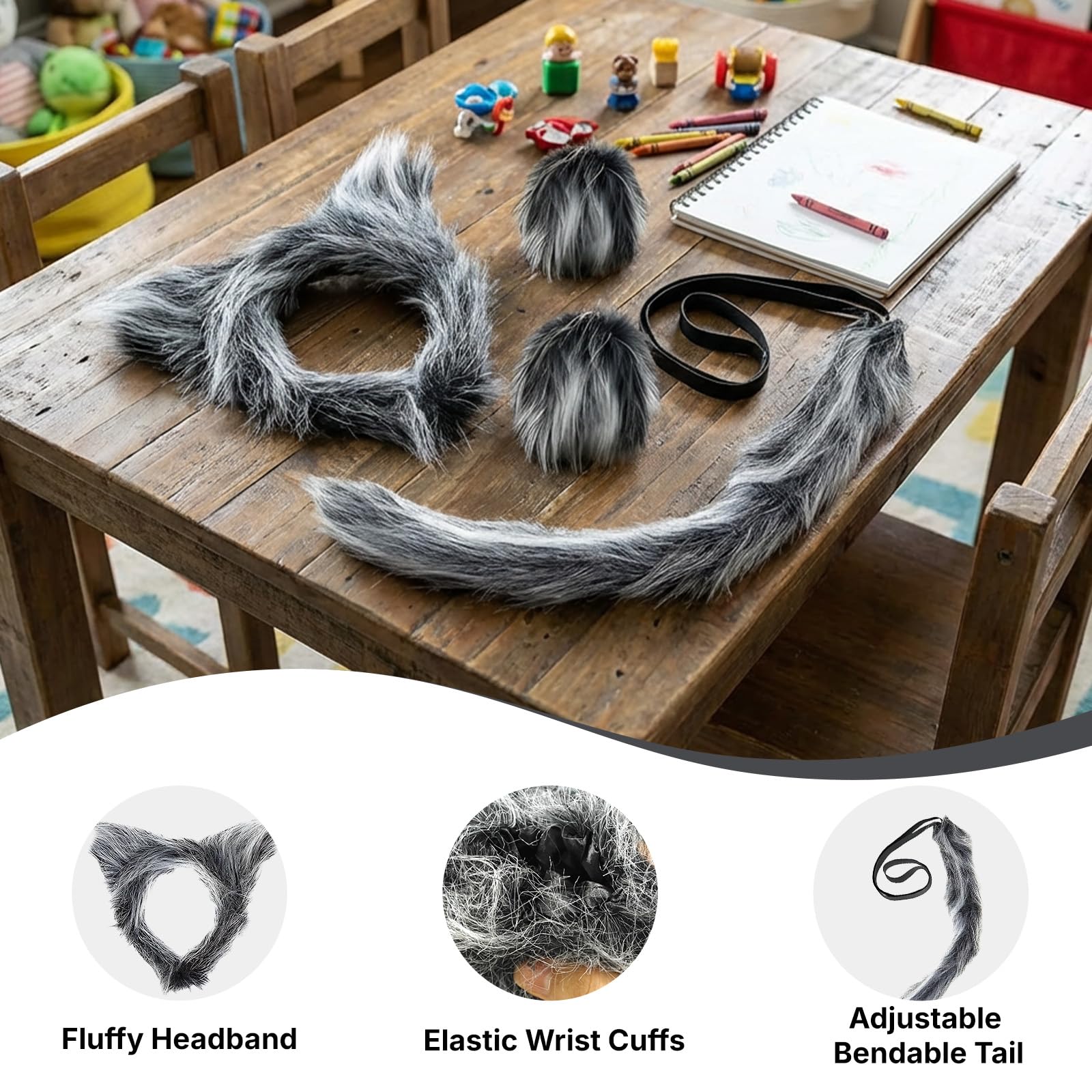 6 Pcs Grey Wolf Costume Accessories Set for Kids Adults Furry Wolf Ears Headband, Elastic Wrist Cuffs - Image 3