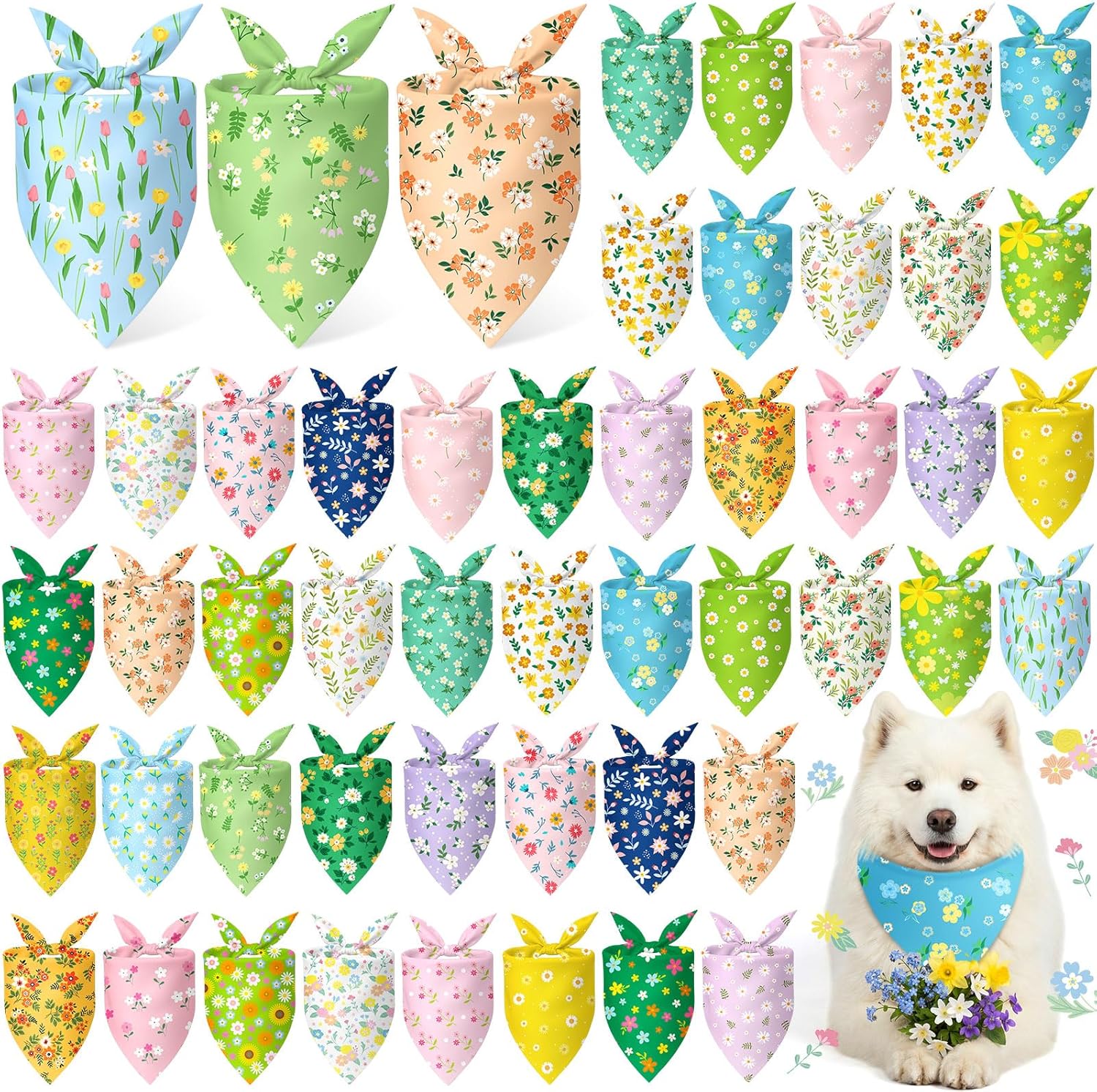 Abbylike 50 Pieces Spring Dog Bandanas Bulk Flower Daisy Sunflower Dog Bandanas for Pets Triangle Kerchief Scarf Bibs for Spring Pets Dogs Party Costume Accessories, 25 Styles (31.5 x 21.7 x 21.7)