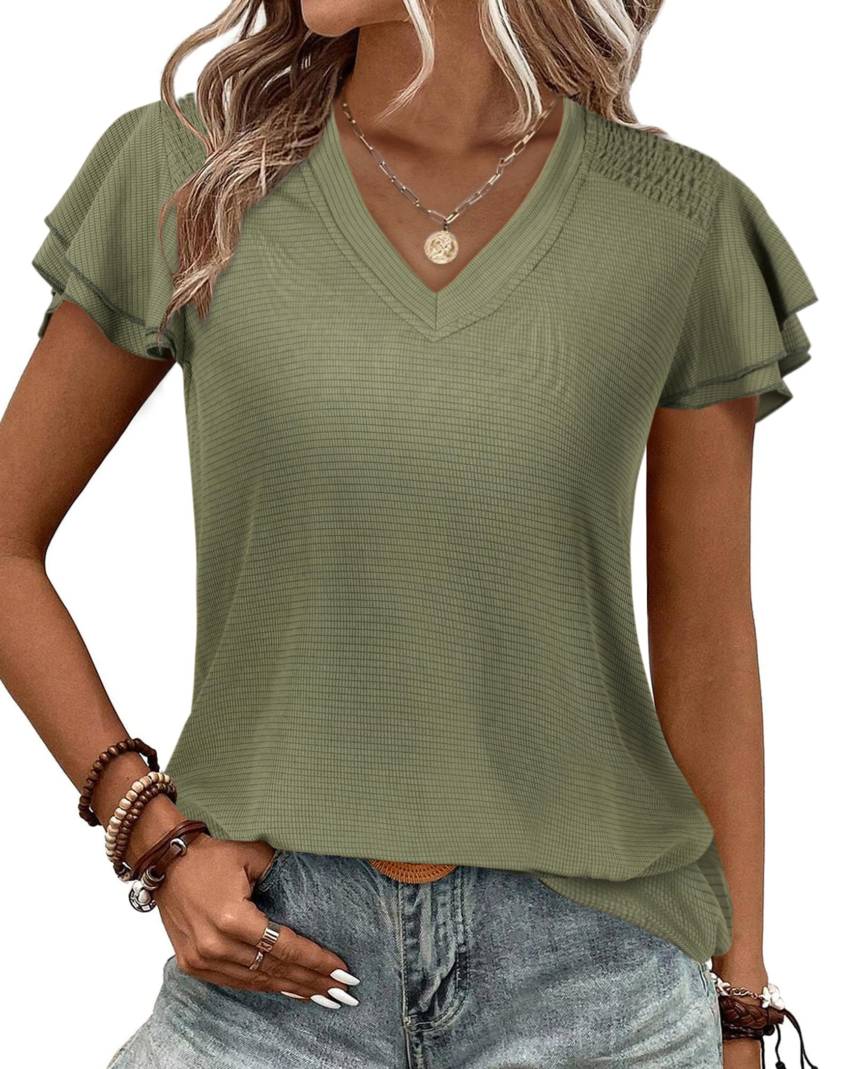 Womens Ruffle Sleeve Tops Summer Dressy Casual V Neck Tunics for Leggings Sleeveless Blouses Shirts