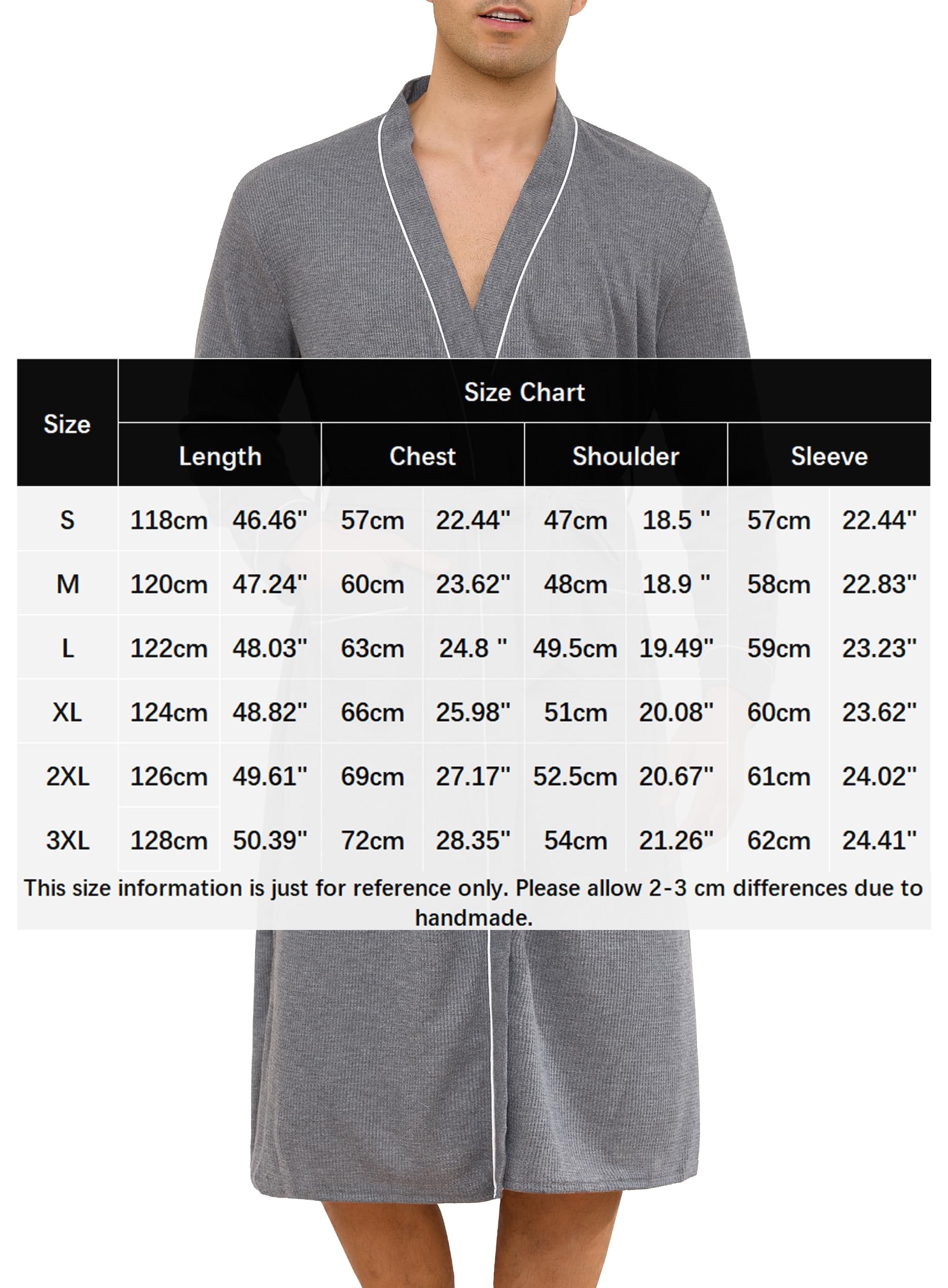 Lovasy Peignoir de Bain Homme Gaufré Kimono Légère Peignoir à Manches Longues Robe de Chambre Coton Doux et Confortable Longueur du Genou Loungewear Col V avec Ceinture