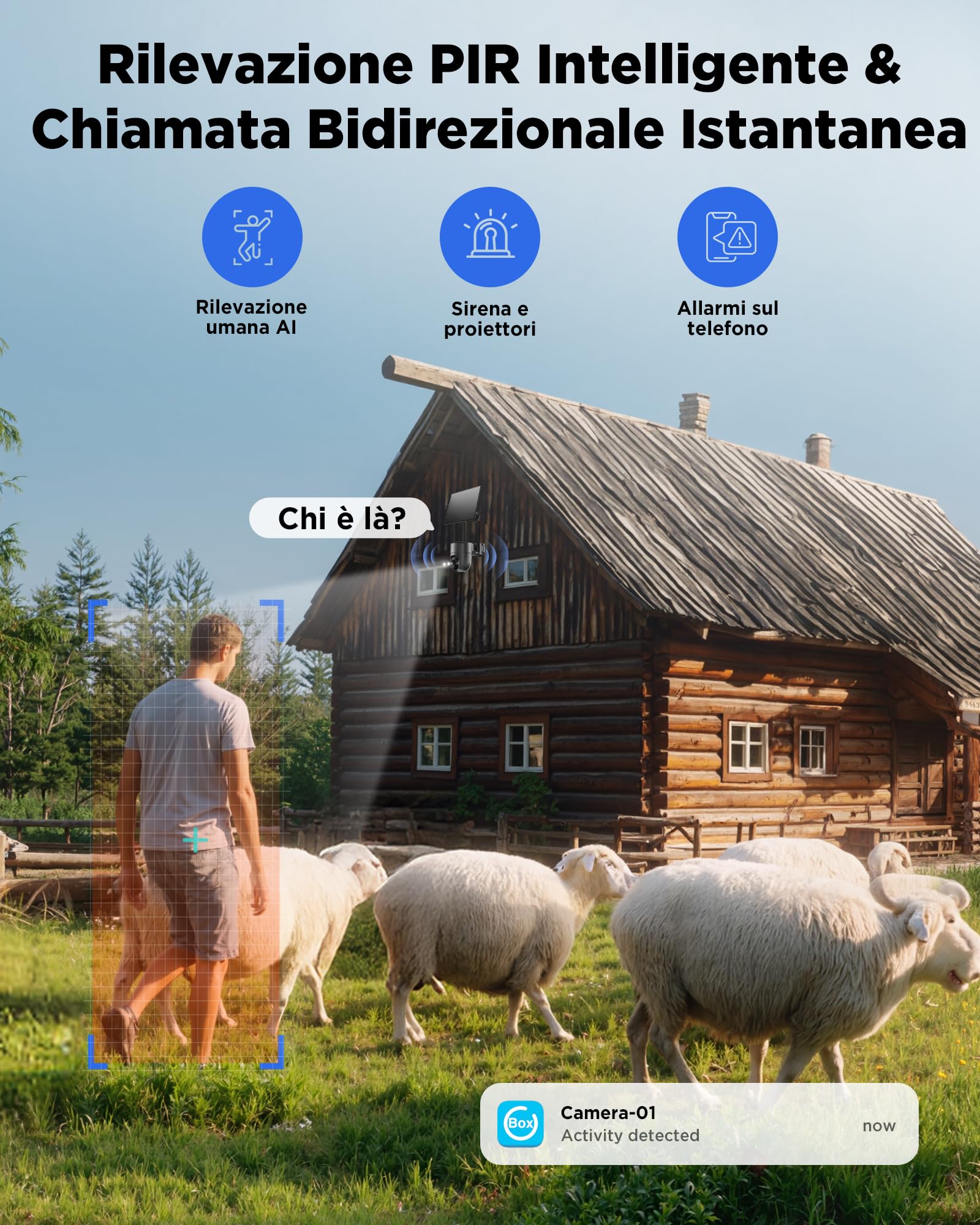 4G LTE Telecamera Esterno Solare con SIM Senza Fili, 2K Telecamera con Pannello Solare e Batteria, 360° PTZ, Visione Notturna a Colori, Rilevamento PIR, Audio Bidirezionale, IP66, Senza WiFi