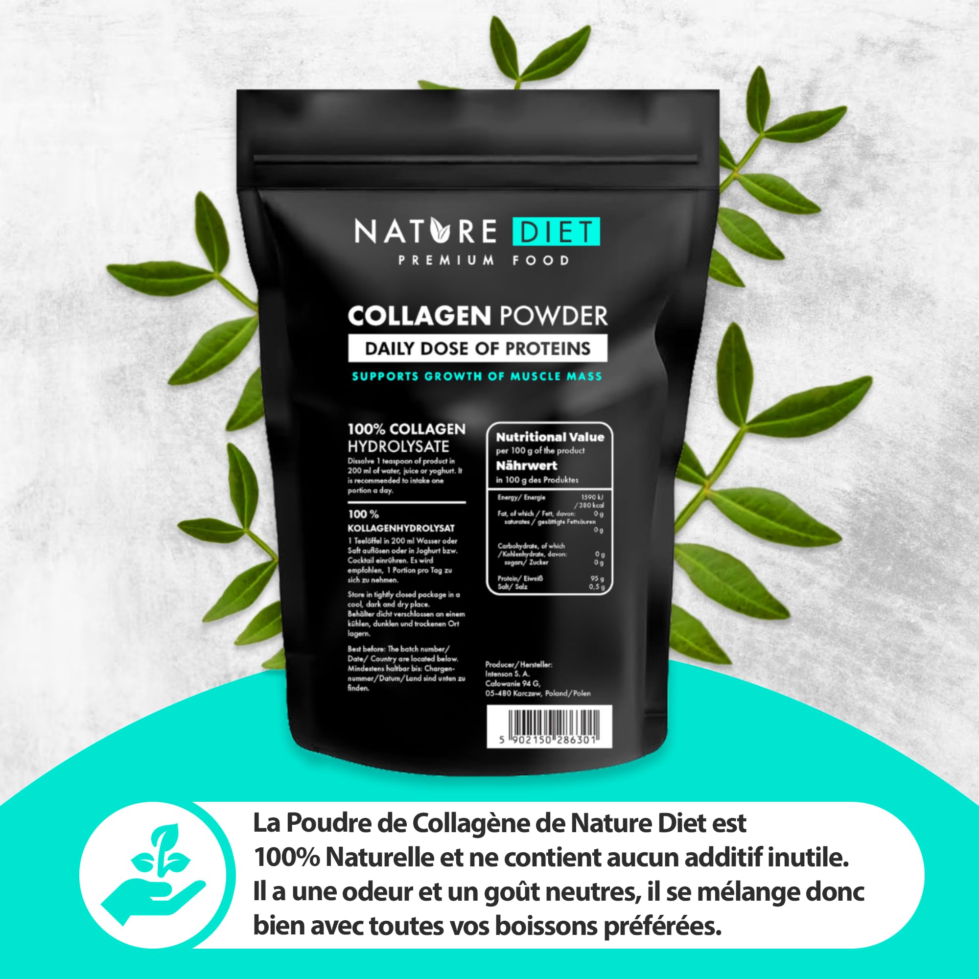 Nature Diet - Poudre de collagène (Type I, III) | 600 g | Hydrolysat | Sans saveur | Peptides de collagène