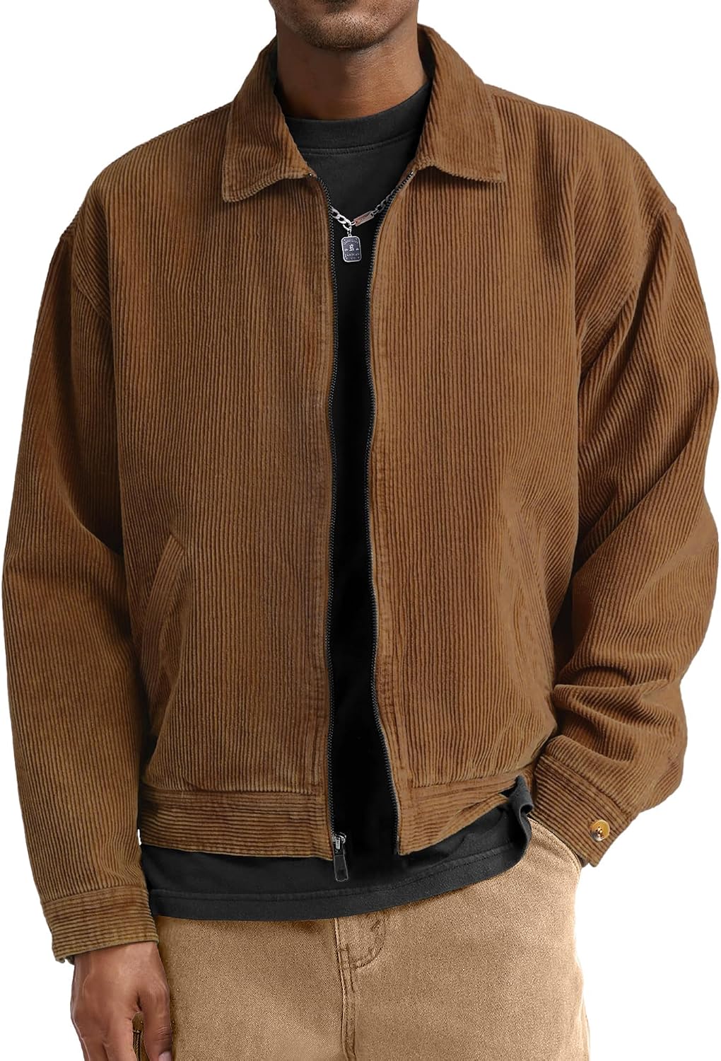 Comdecevis Men's Corduroy Bomber Collared Jacket, Full Zip Up