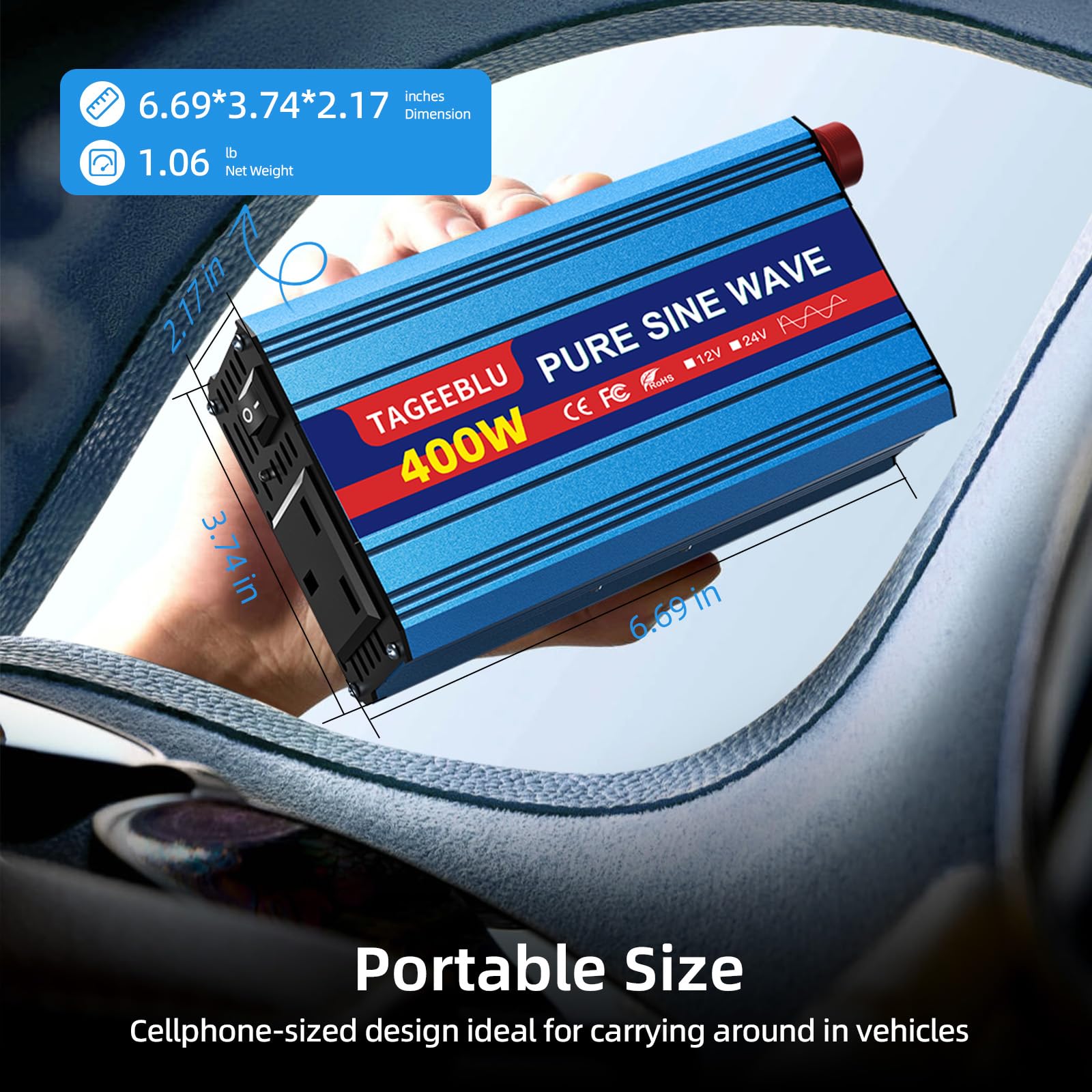 Pure Sine Wave Power Inverter 400w DC 12V to AC 240V Voltage Converter with AC Outlets,digital display,and safety switch,for Motorhomes,Trucks,Boats,Camping,800W Peak Power - 3