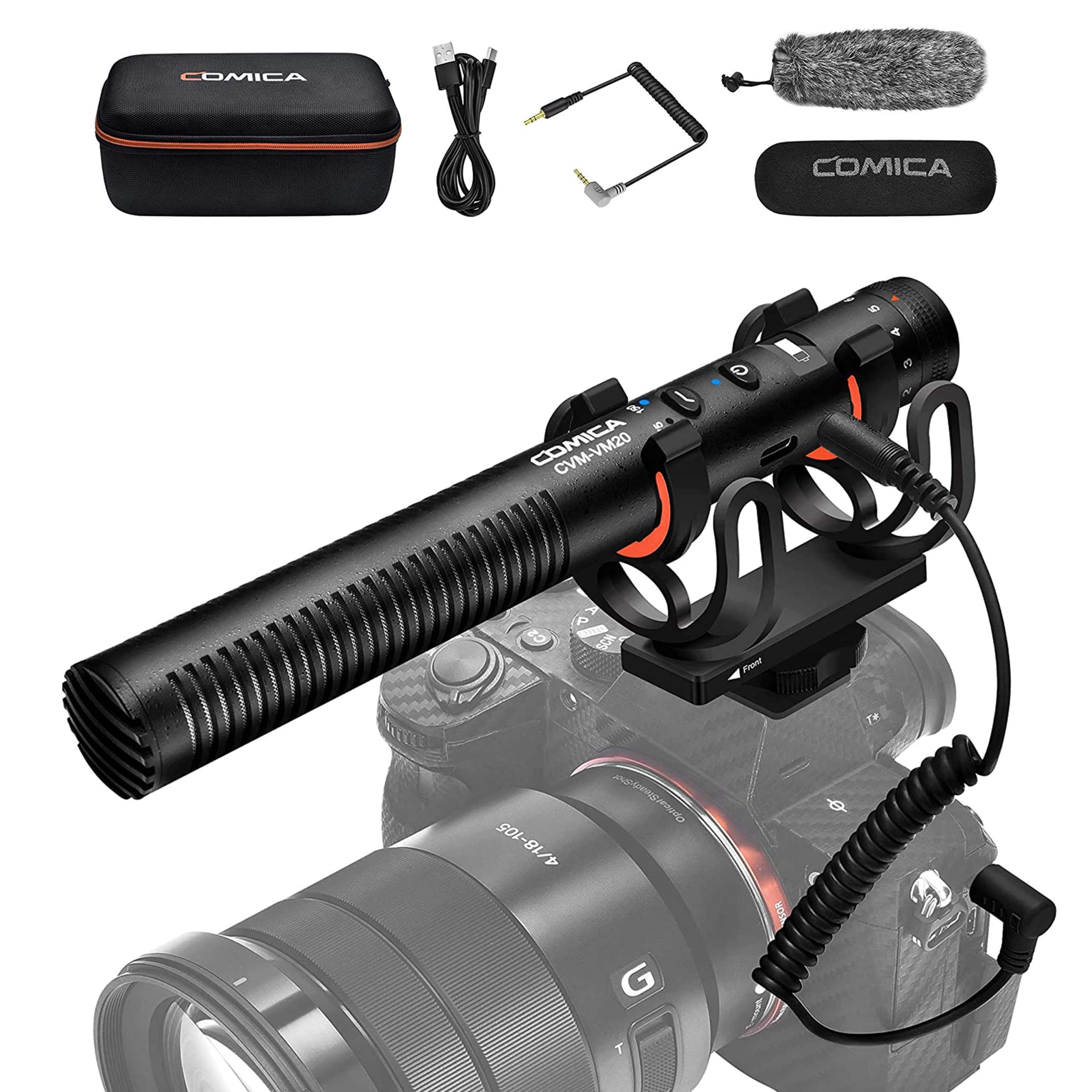 COMICA VM20 Microphone Directionnel Shotgun Vidéo Micro Super-Cardioïde à Condensateur avec Câbles 3,5 mm TRRS & TRS pour Smartphone, DSLR Caméra, Caméscope(avec écran OLED)