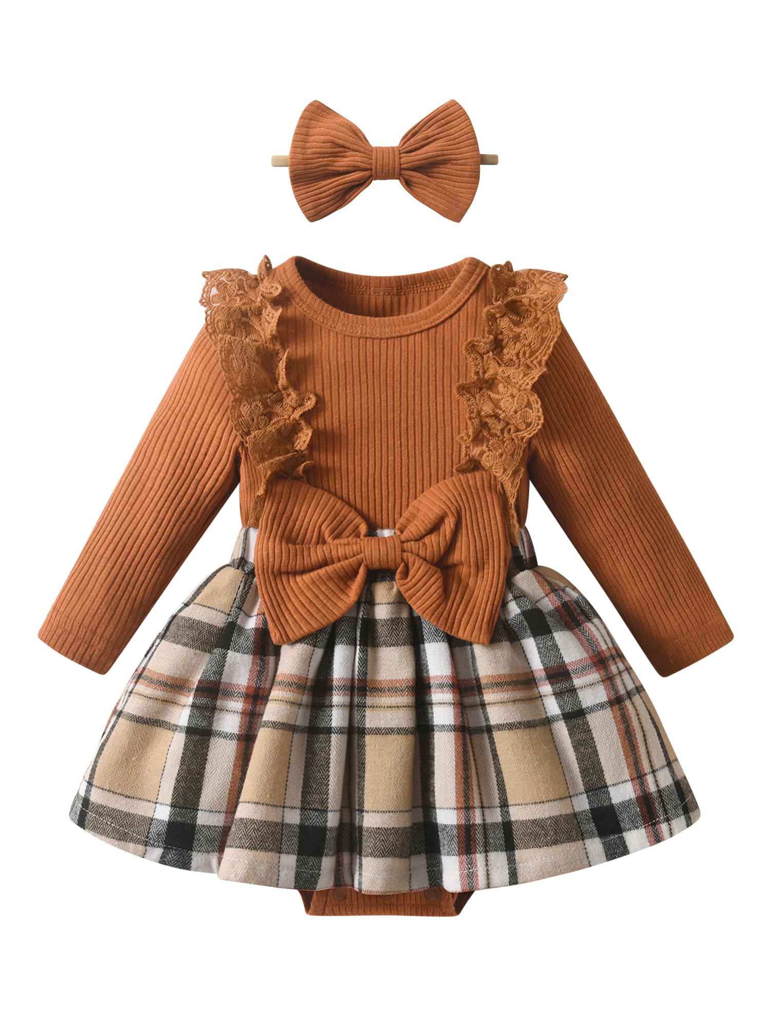 Zoputey Infant Baby Girls Dress Long Sleeve Plaid Print 2Pcs Outfit Sets, Brown, 6-9 Months