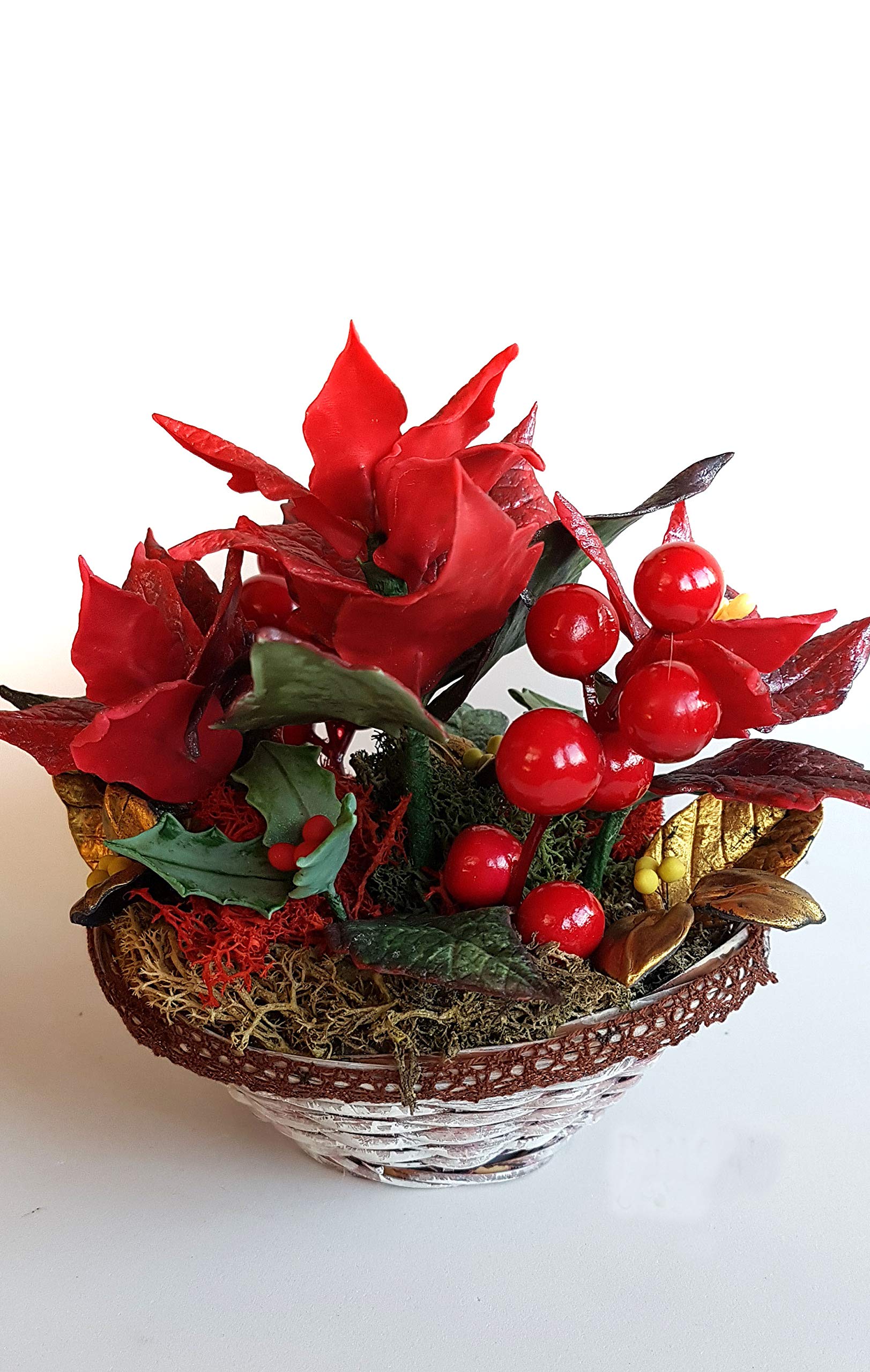 Flor de Navidad Poinsettia, Flores de Porcelana, Miniatura Decoracion del hogar, Hecho a Mano