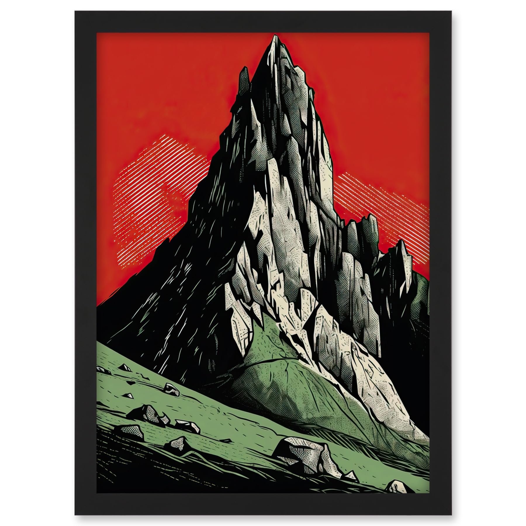 Artery8 Tryfan Mountain Peak Bold Linocut Illustration Artwork Framed A3 Wall Art Print