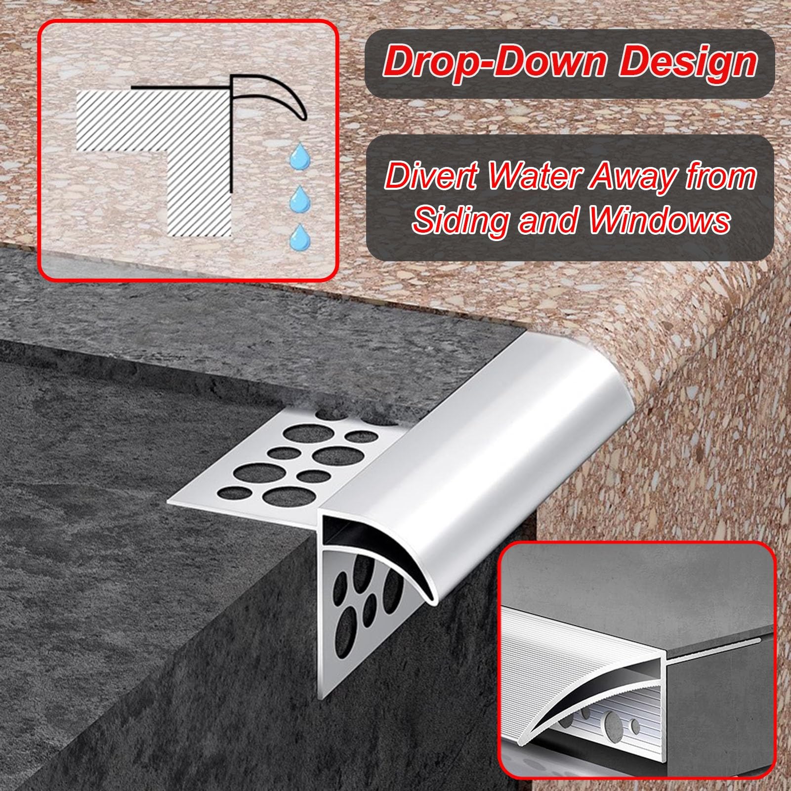 Listwa Przejściowa Metalowy Okapnik Dachowy Wodoodporny, Linia Okapowa do Okapu Zewnętrznego, Srebrny Okapnik na Parapet/taras, Listwa Okapowa Orli Dziób do Rynien(65mm (2.6in))