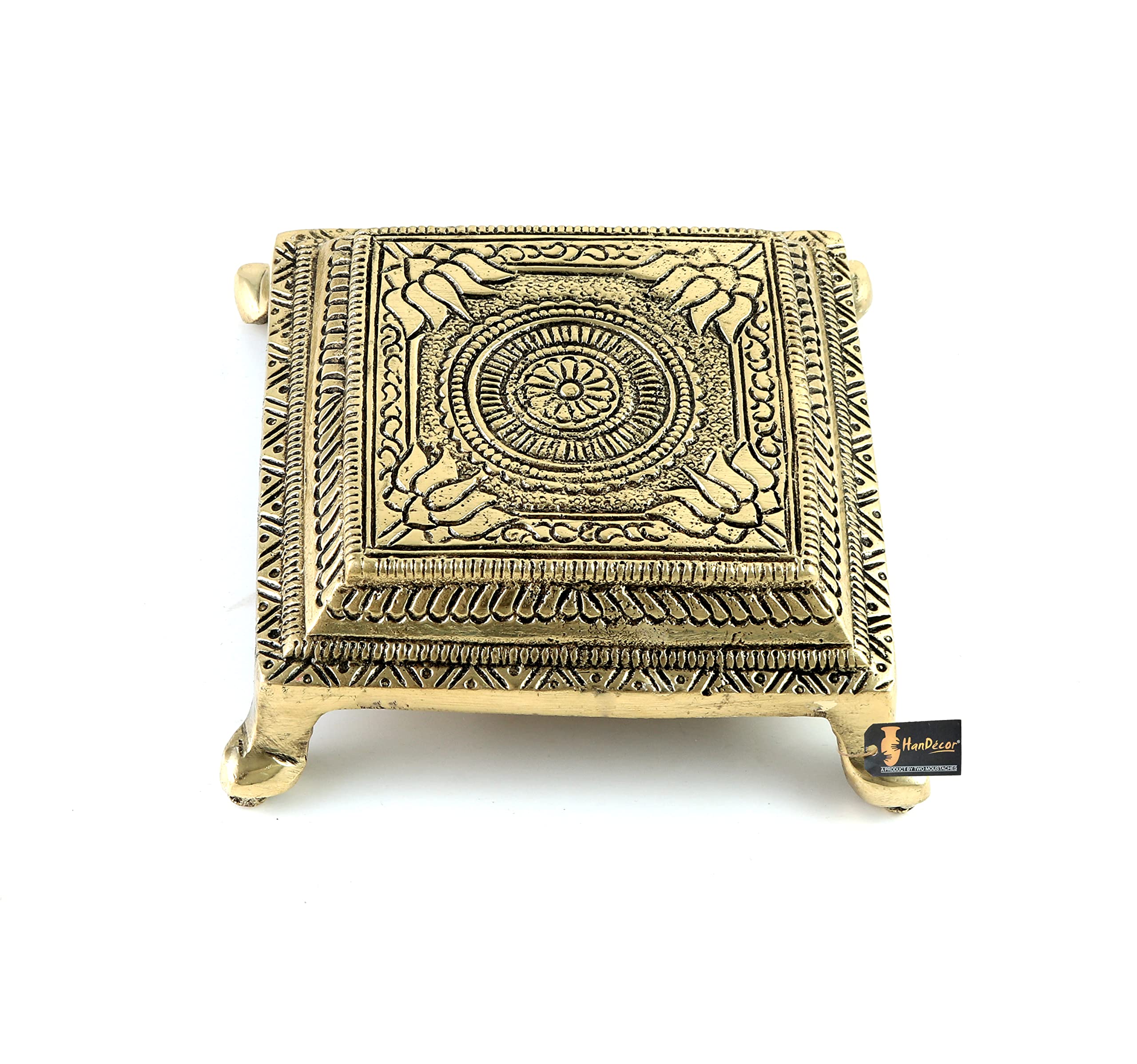 Two Moustaches Lotus Engraved 3.5 Inches Brass Pooja Chowki, Chowki for God Idols, Temple Decor, Antique White