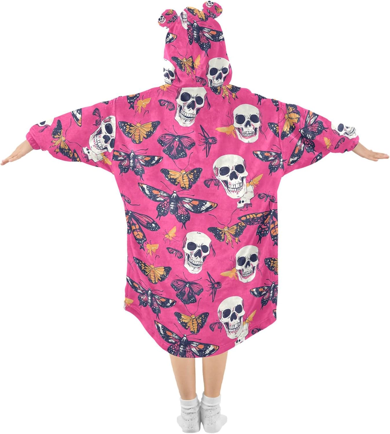 Skull Butterfly Kids Wearable Blanket Hoodie with Pocket and Sleeves for Toddlers, Cute Hoodies 3-14 Year Girls Boys