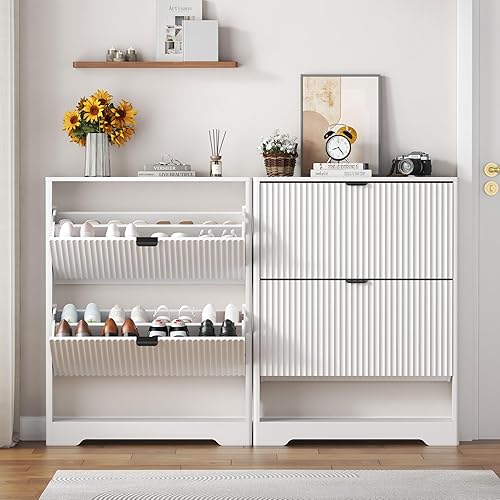 Miniatura 3 de Armario de zapatos para entrada con 2 cajones abatibles, armario de zapatos acanalado blanco con almacenamiento abierto, zapatero oculto de madera