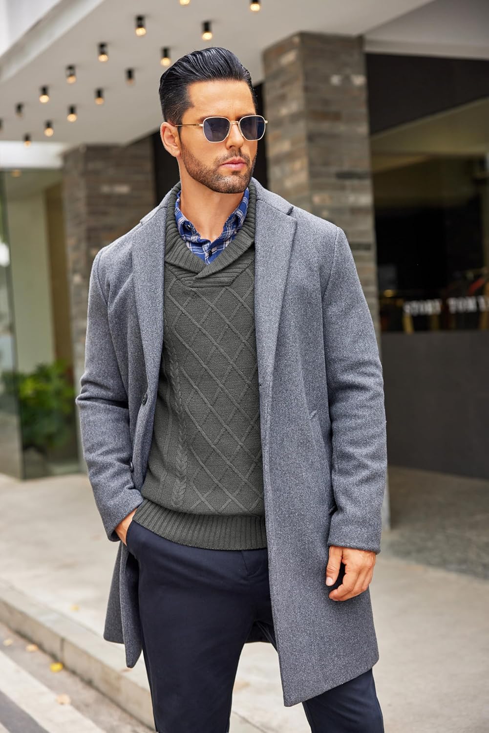 COOFANDY Men's Shawl Collar Sweaters V-Neck Relaxed Fit Cable Pullovers - Image 4