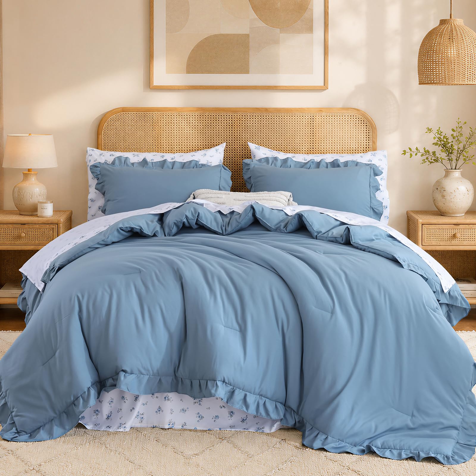 JANZAA Ruffle Queen Comforter Set - Pink Floral -11