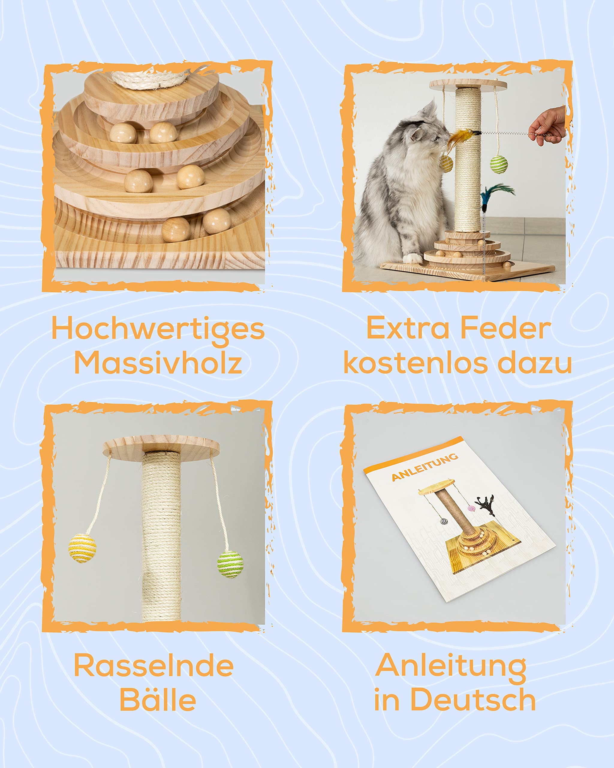 Kratzstamm für Katzen - Interaktives Katzenspielzeug mit 40cm-hoher Kratzsäule, Feder & Rasselbällen - Kratzbaum klein - Katzen Kratzmöbel