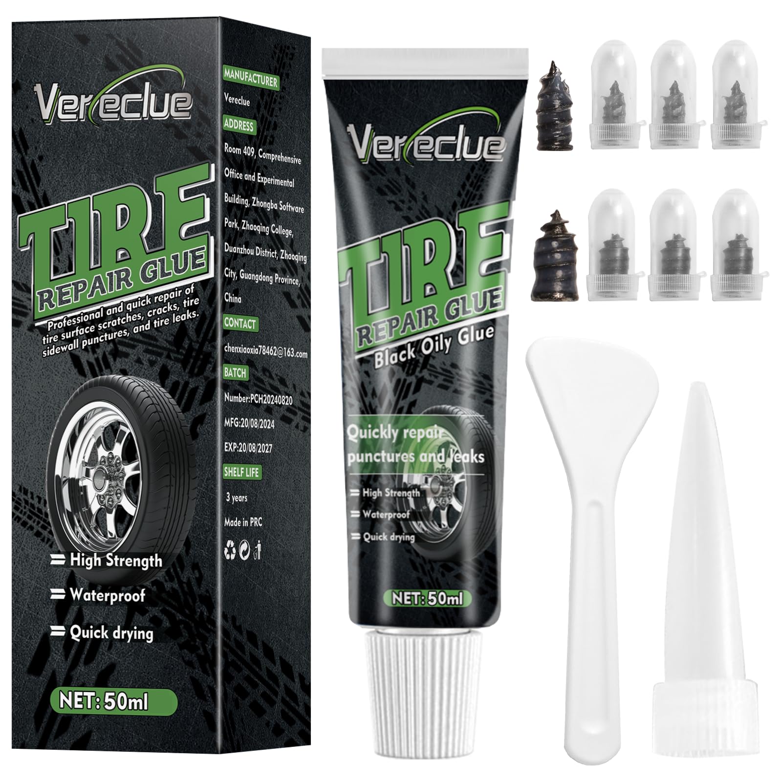 Tire Repair Glue, 50ml Sidewall Tire Repair Kit, Rubber Cement Tire Repair, Two Sizes Tire Repair Nail, Black Tire Glue Sidewall Repair for Bike, Car, Motorcycle, Truck, Tractor (1, 50 ml)