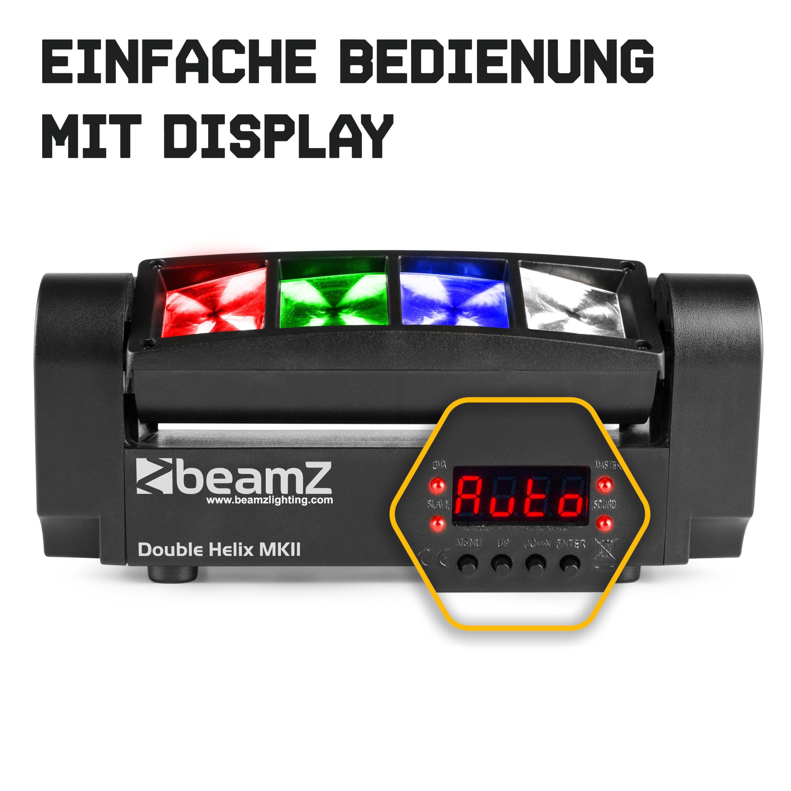 BeamZ MHL820 Double Helix RGB LED Lichteffekt 8x3 Watt, Moving Head Bühnenlicht, Disco DJ Licht, LED Lichteffekt, Mini Lichtanlage, Plug n Play, Discolicht Partylicht, Soundsteuerung - Schwarz