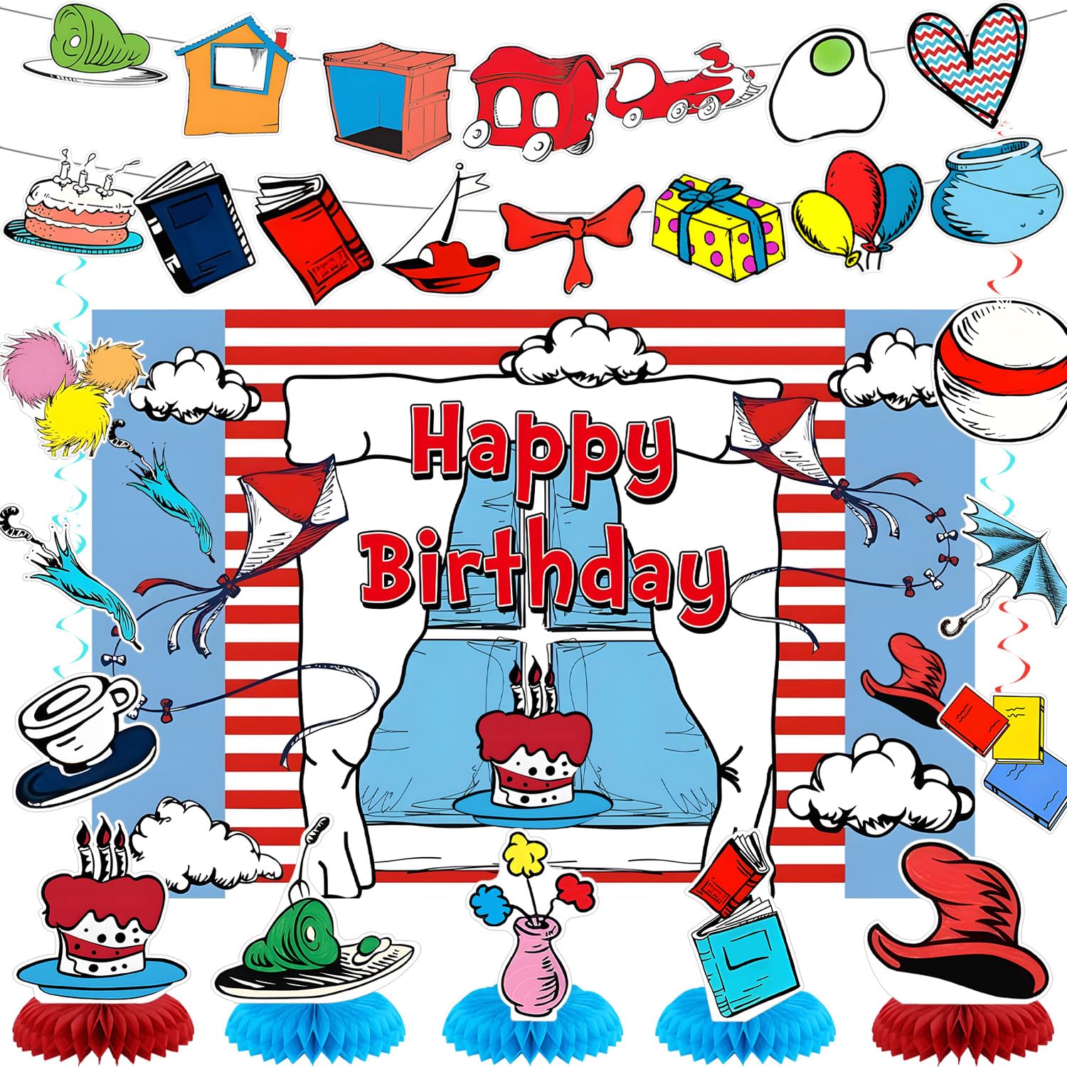 Cat in The Hat Themed Birthday Party Decorations for Cat Banner Backdrop Honeycomb Centerpiece Hanging Swirl for Red and Blue Cat Party Supplies Decor